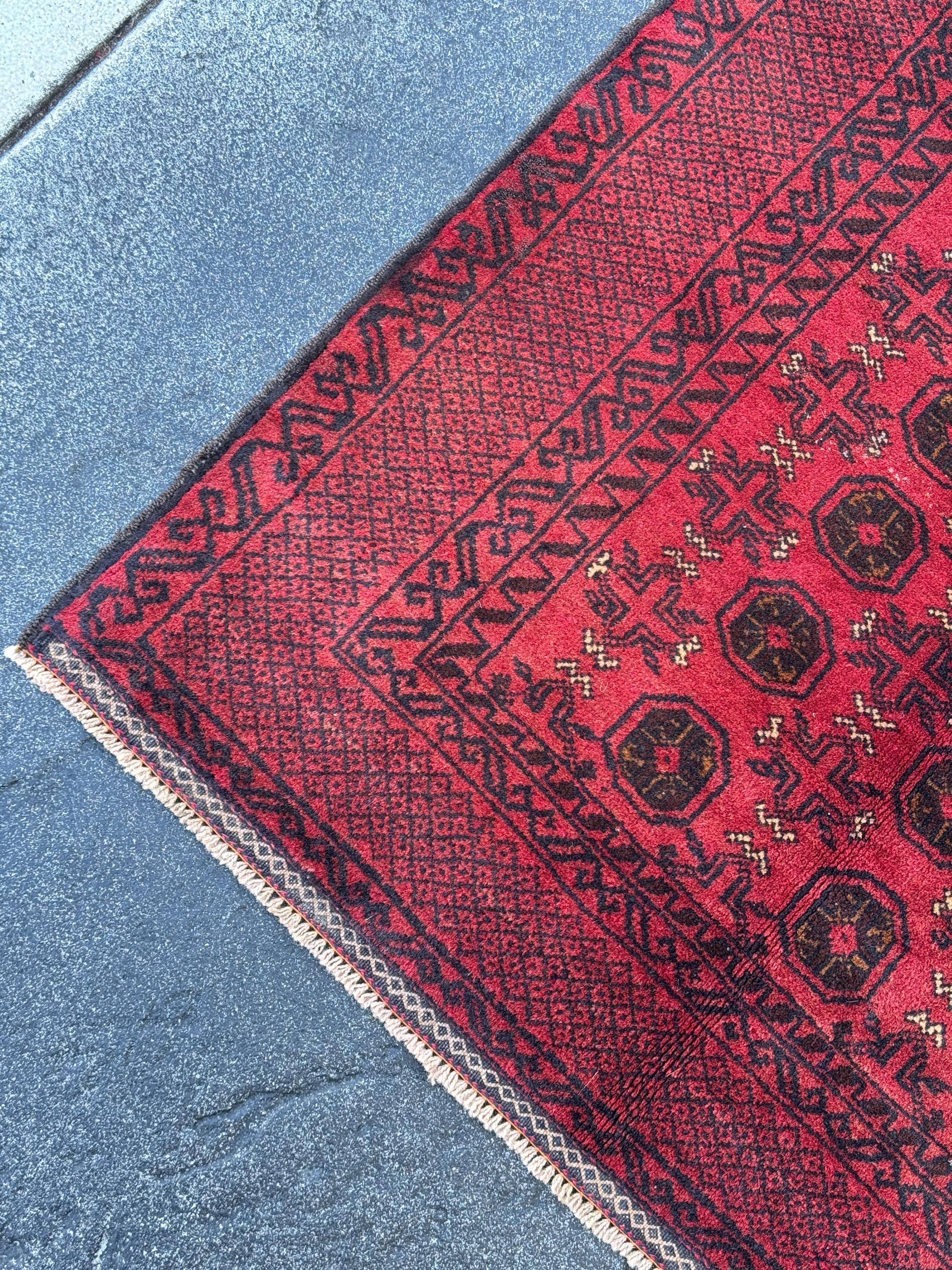 3x5 (91x152) Handmade Vintage Afghan Baluch Rug | Crimson Blood Garnet Red Black Cream White | Wool Geometric Traditional Turkmen