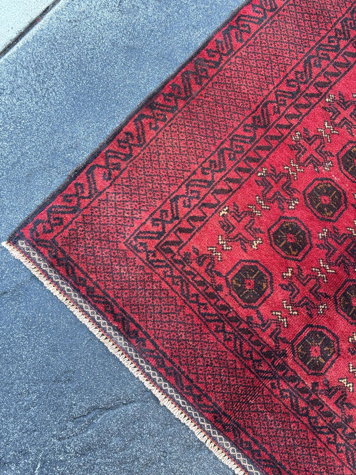 3x5 (91x152) Handmade Vintage Afghan Baluch Rug | Crimson Blood Garnet Red Black Cream White | Wool Geometric Traditional Turkmen
