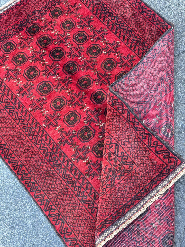 3x5 (91x152) Handmade Vintage Afghan Baluch Rug | Crimson Blood Garnet Red Black Cream White | Wool Geometric Traditional Turkmen