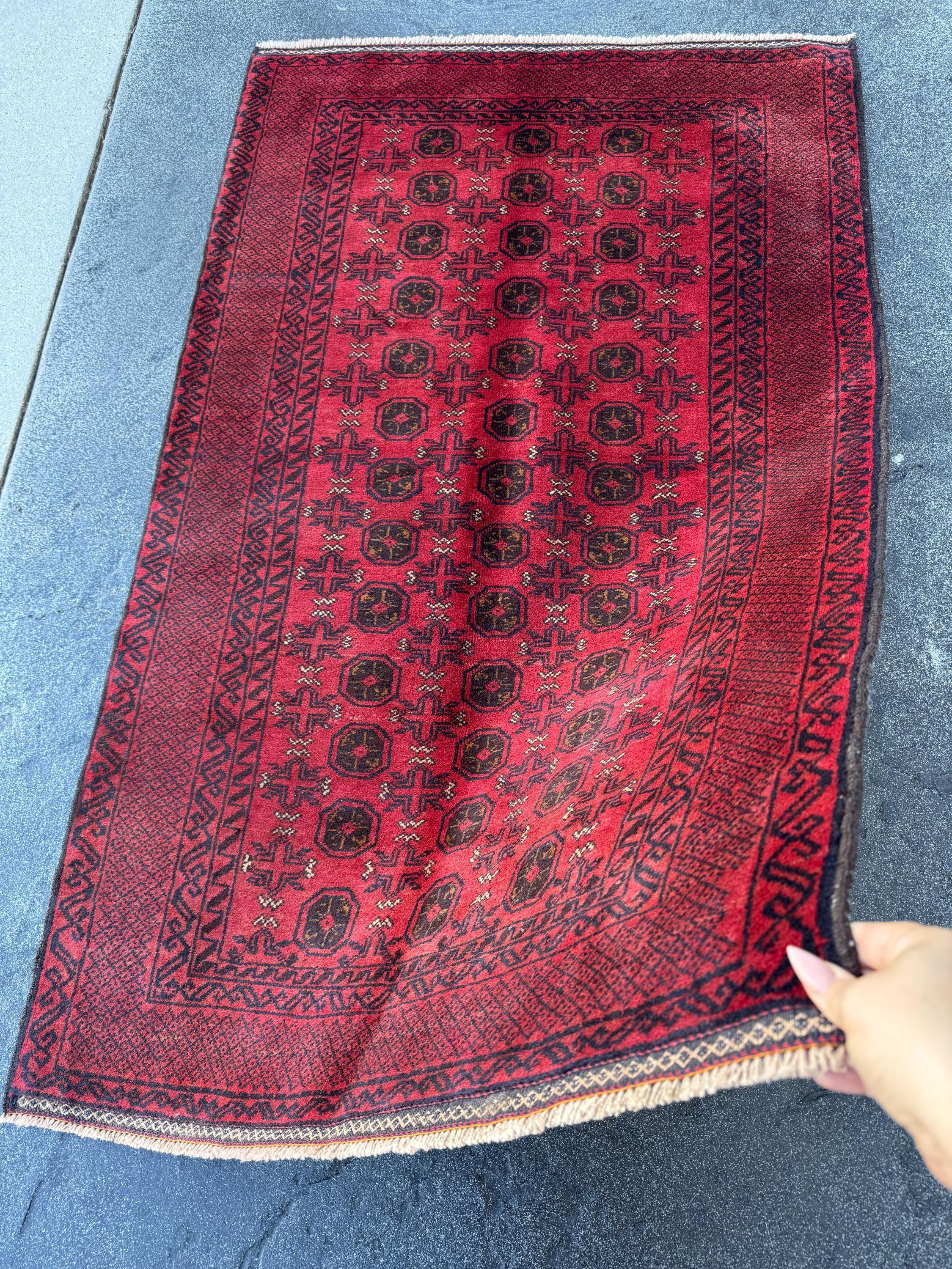 3x5 (91x152) Handmade Vintage Afghan Baluch Rug | Crimson Blood Garnet Red Black Cream White | Wool Geometric Traditional Turkmen