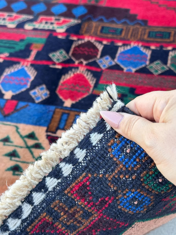 3x5 (91x152) Handmade Vintage Afghan Baluch Rug | Crimson Red Denim Blue Salmon Coral Pink Orange Forest Green Caramel Brown Black | Wool
