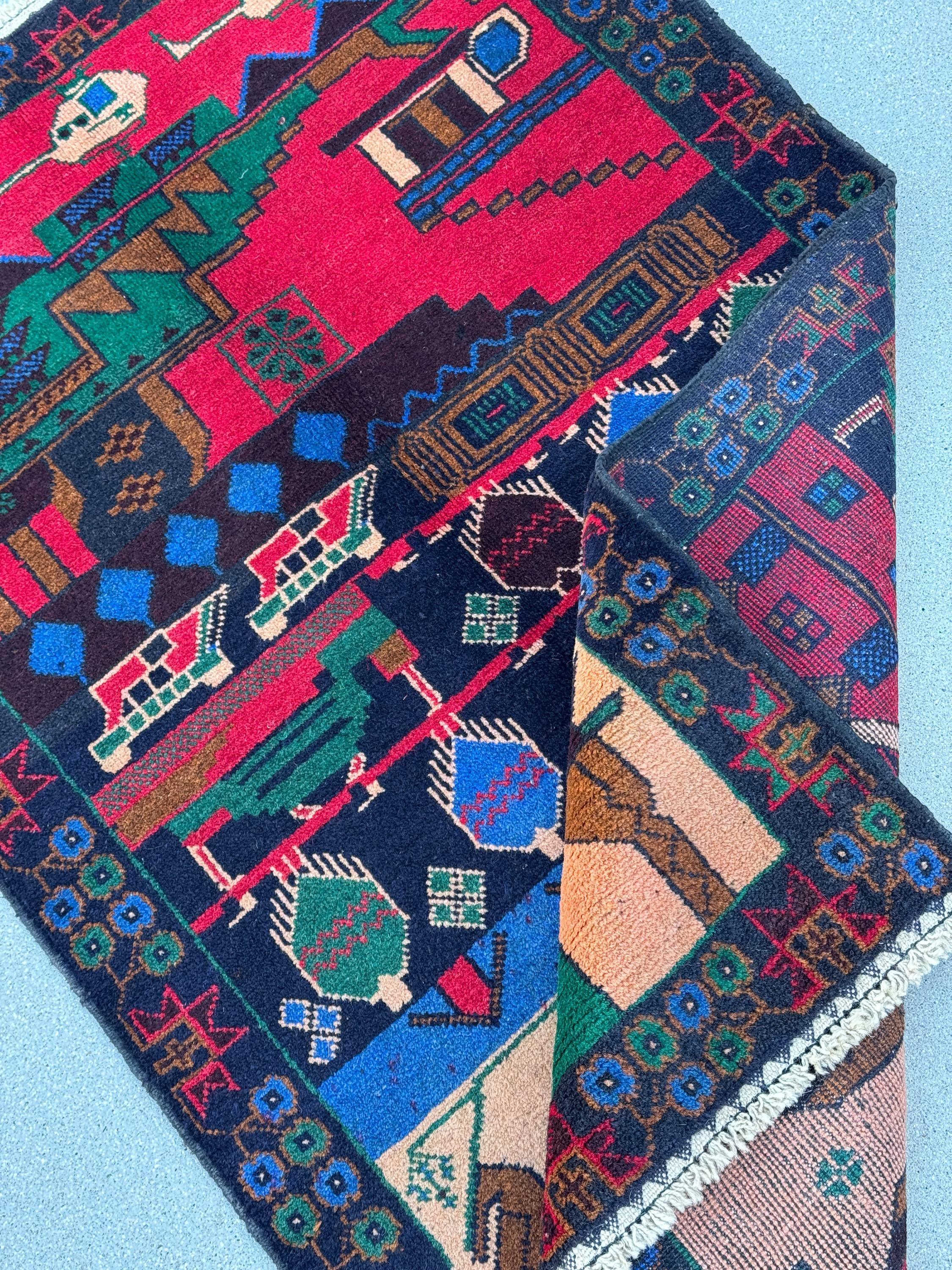 3x5 (91x152) Handmade Vintage Afghan Baluch Rug | Crimson Red Denim Blue Salmon Coral Pink Orange Forest Green Caramel Brown Black | Wool