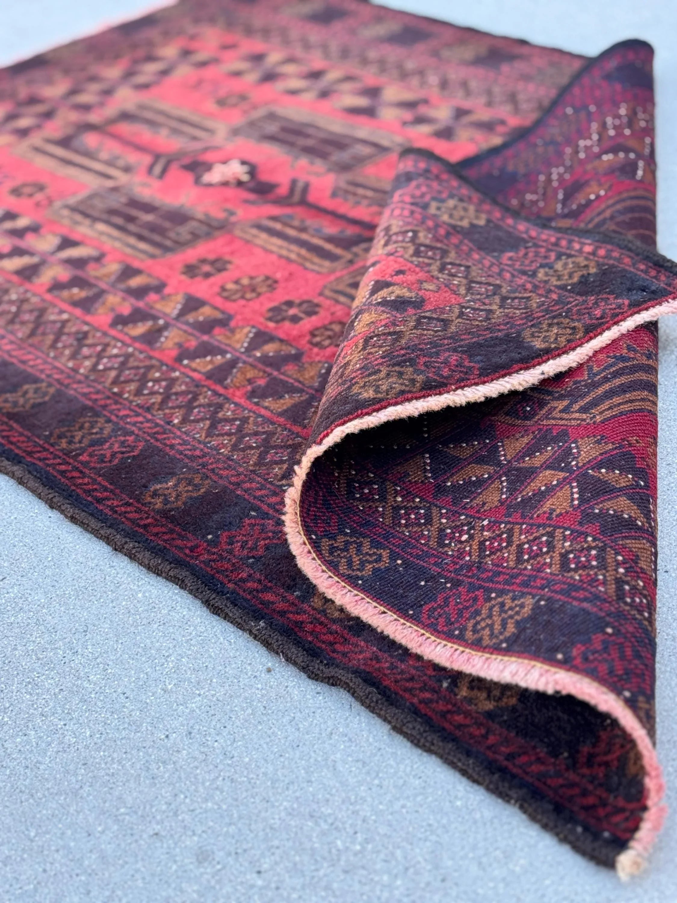 3x5 (91x152) Handmade Vintage Afghan Baluch Rug | Crimson Garnet Maroon Wine Red Black Rust Orange White Caramel Brown | Wool Traditional