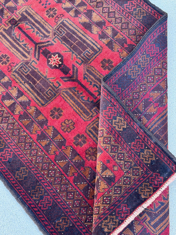 3x5 (91x152) Handmade Vintage Afghan Baluch Rug | Crimson Garnet Maroon Wine Red Black Rust Orange White Caramel Brown | Wool Traditional
