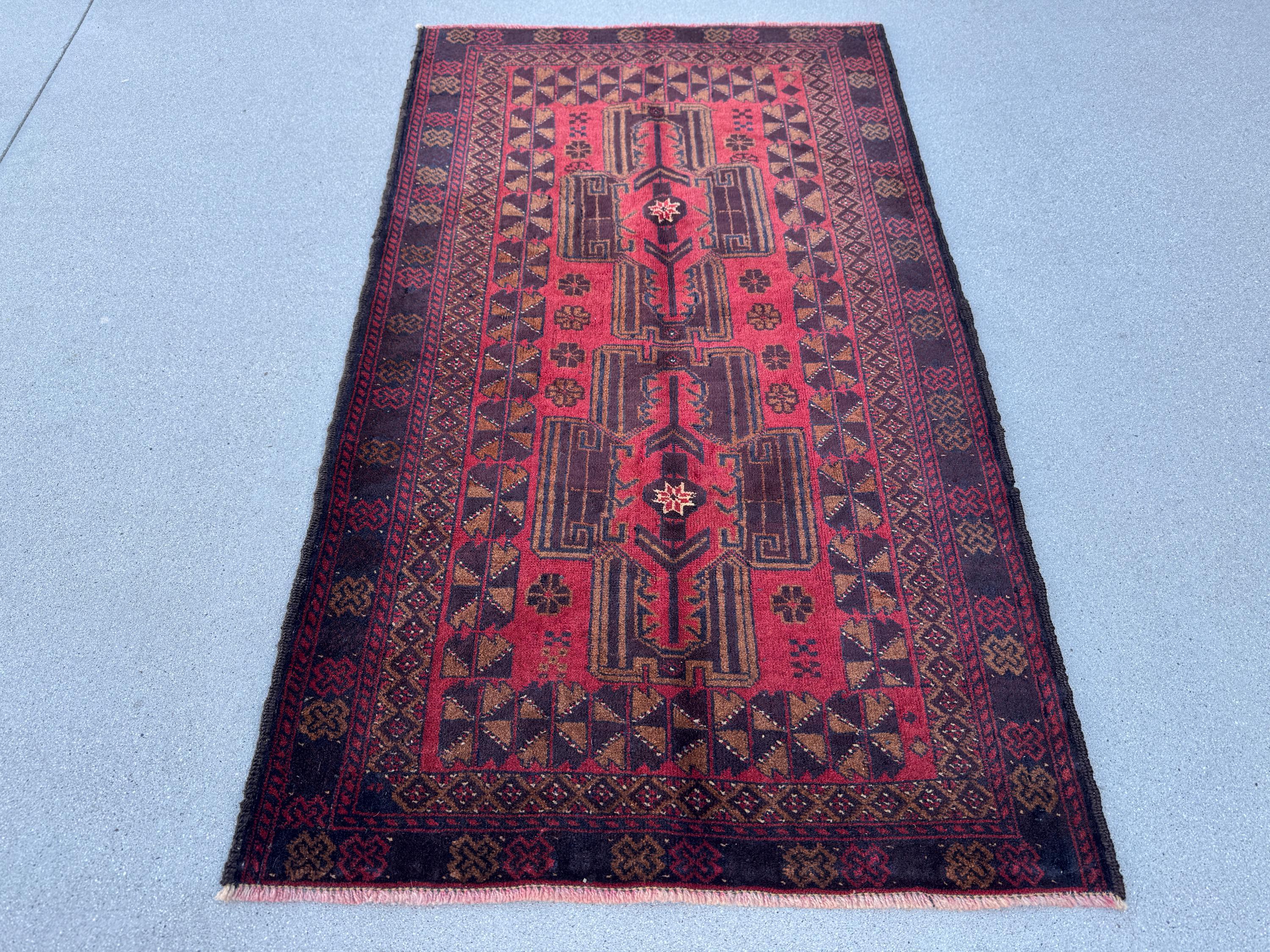 3x5 (91x152) Handmade Vintage Afghan Baluch Rug | Crimson Garnet Maroon Wine Red Black Rust Orange White Caramel Brown | Wool Traditional