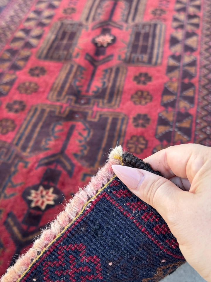 3x5 (91x152) Handmade Vintage Afghan Baluch Rug | Crimson Garnet Maroon Wine Red Black Rust Orange White Caramel Brown | Wool Traditional