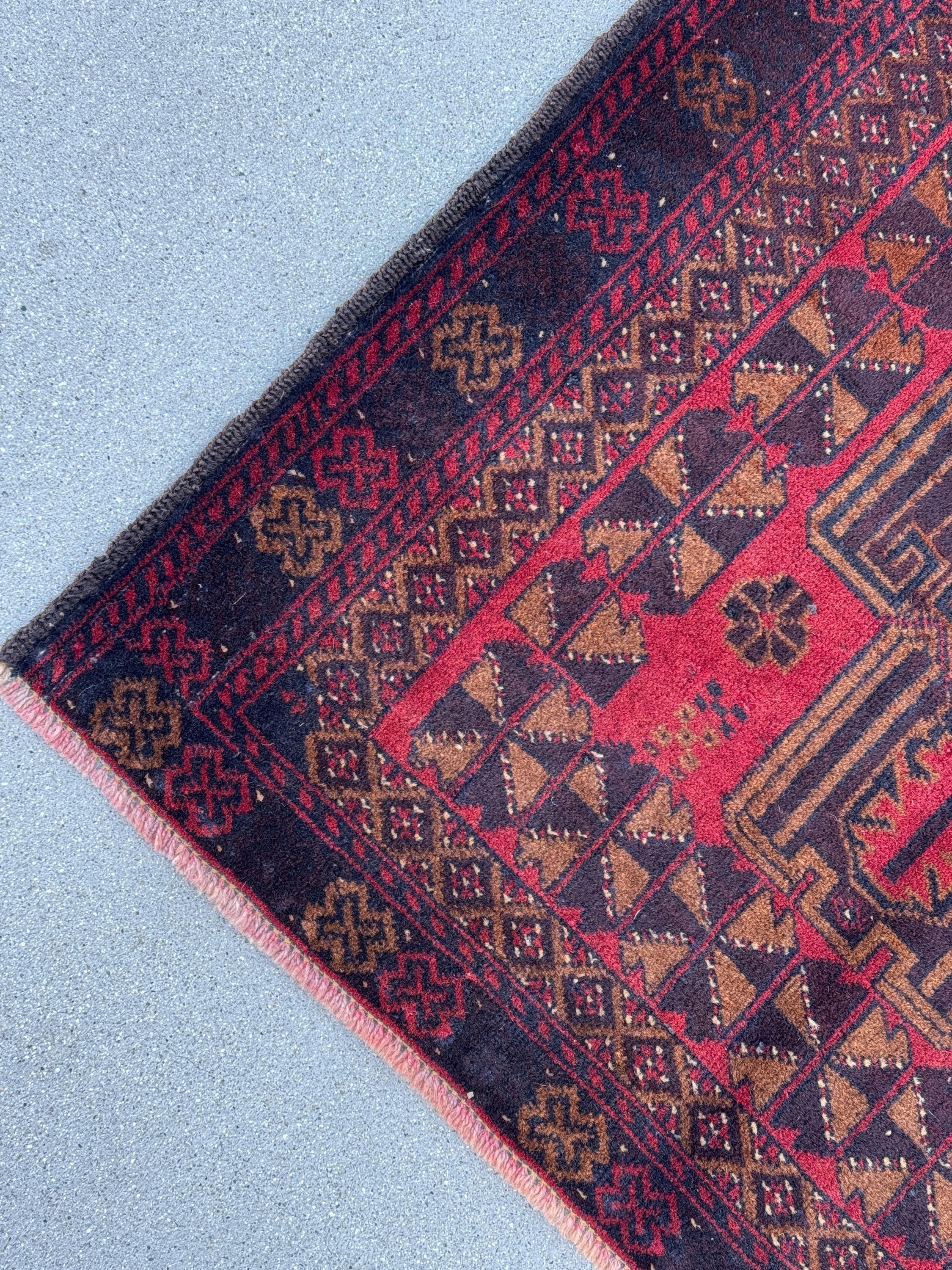 3x5 (91x152) Handmade Vintage Afghan Baluch Rug | Crimson Garnet Maroon Wine Red Black Rust Orange White Caramel Brown | Wool Traditional