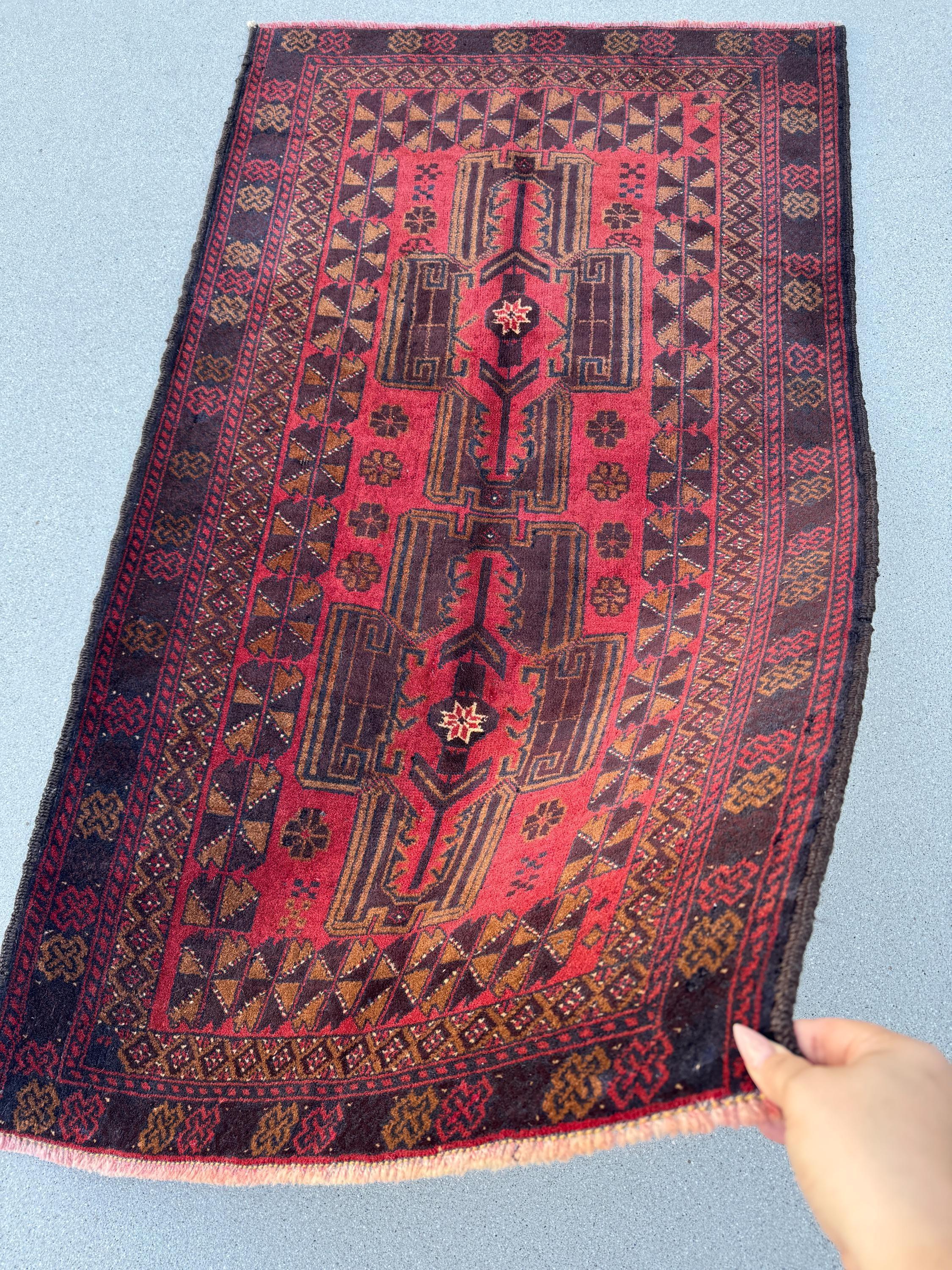 3x5 (91x152) Handmade Vintage Afghan Baluch Rug | Crimson Garnet Maroon Wine Red Black Rust Orange White Caramel Brown | Wool Traditional