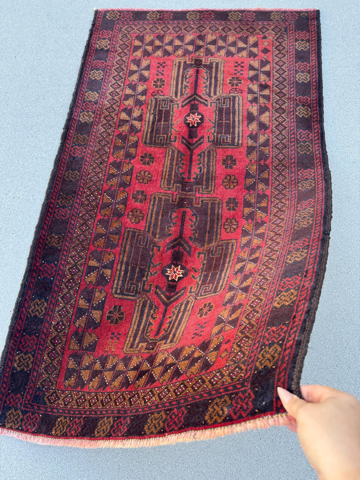 3x5 (91x152) Handmade Vintage Afghan Baluch Rug | Crimson Garnet Maroon Wine Red Black Rust Orange White Caramel Brown | Wool Traditional