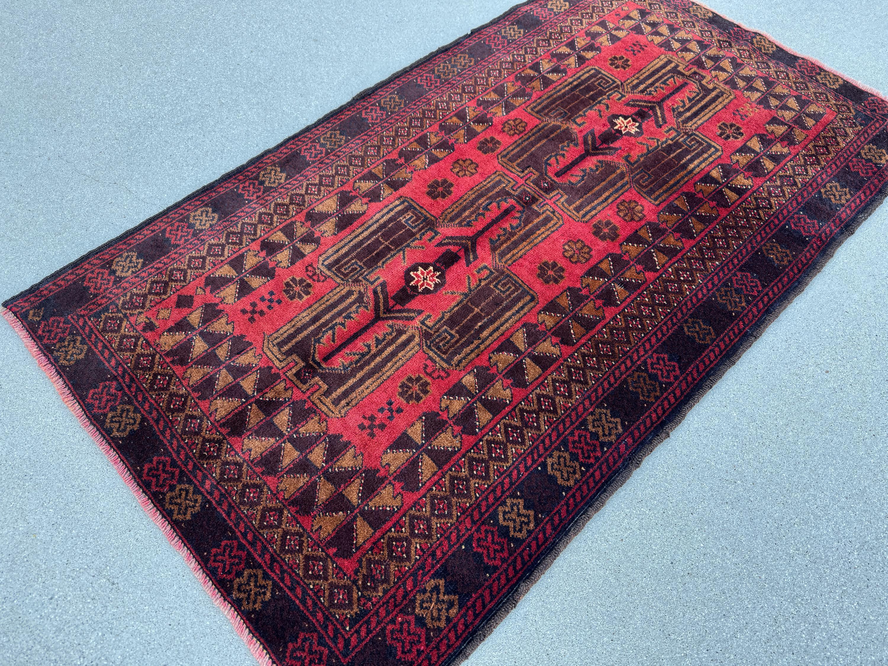 3x5 (91x152) Handmade Vintage Afghan Baluch Rug | Crimson Garnet Maroon Wine Red Black Rust Orange White Caramel Brown | Wool Traditional