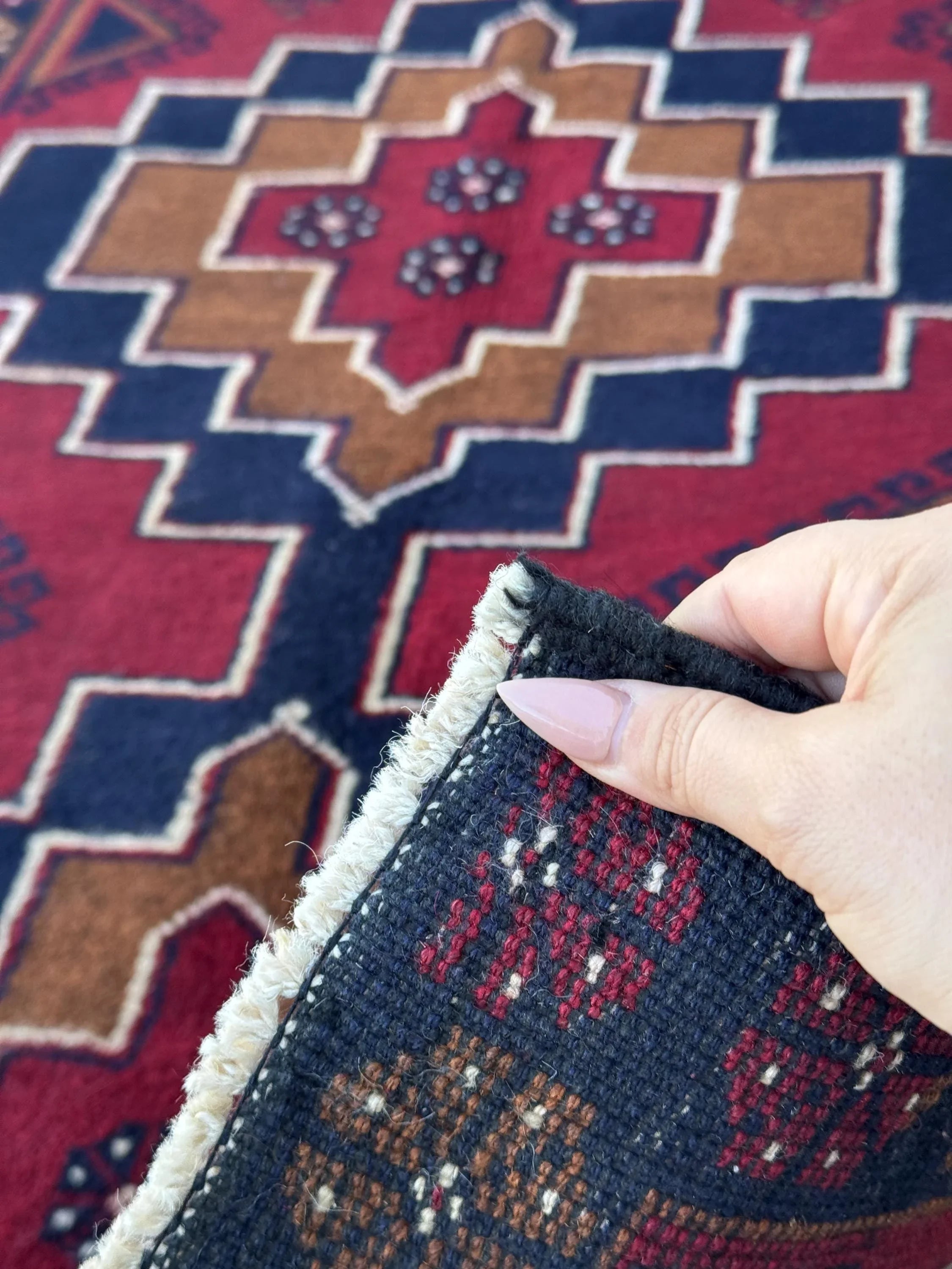 3x4 (91x121) Handmade Vintage Afghan Baluch Rug | Blood Auburn Red Caramel Brown Midnight Navy Blue White Cream Gold | Wool Geometric