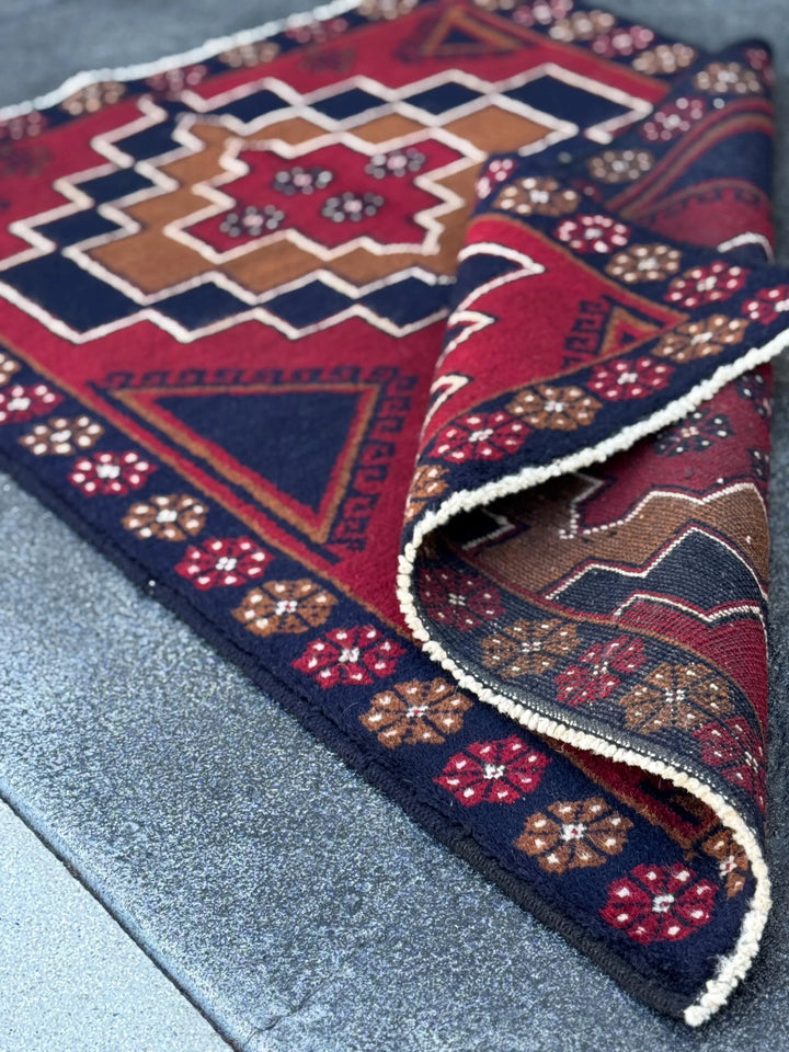3x4 (91x121) Handmade Vintage Afghan Baluch Rug | Blood Auburn Red Caramel Brown Midnight Navy Blue White Cream Gold | Wool Geometric