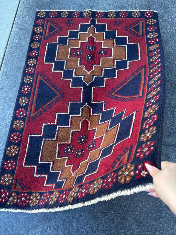 3x4 (91x121) Handmade Vintage Afghan Baluch Rug | Blood Auburn Red Caramel Brown Midnight Navy Blue White Cream Gold | Wool Geometric