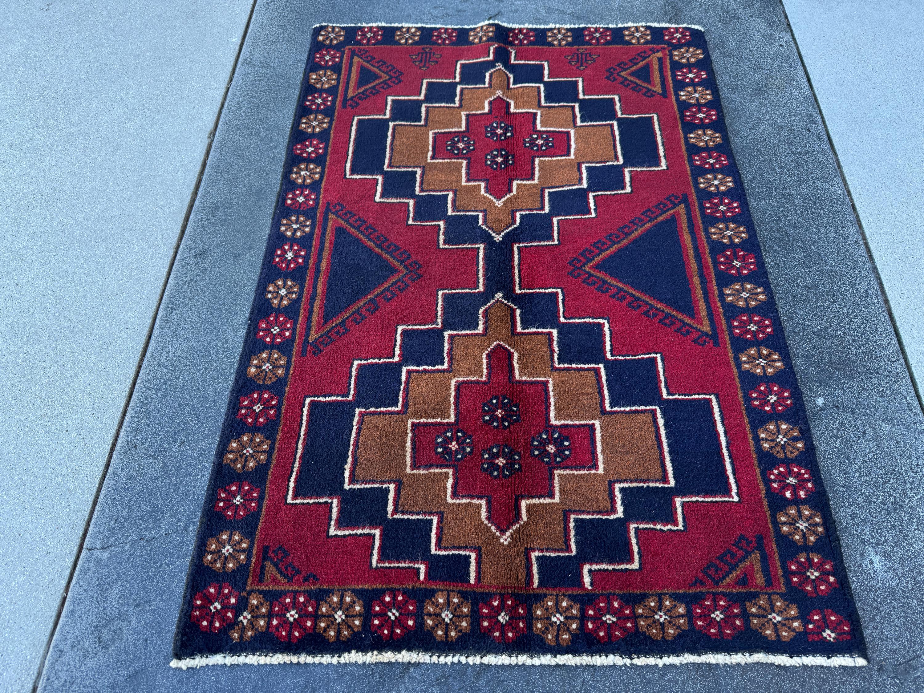 3x4 (91x121) Handmade Vintage Afghan Baluch Rug | Blood Auburn Red Caramel Brown Midnight Navy Blue White Cream Gold | Wool Geometric