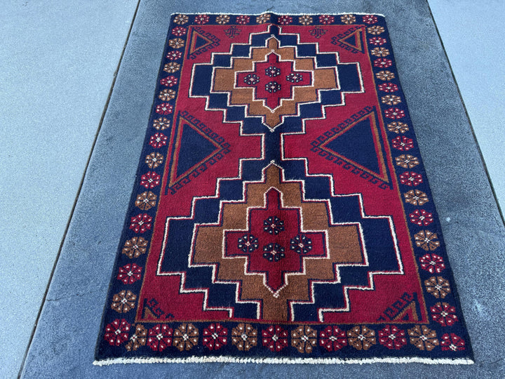 3x4 (91x121) Handmade Vintage Afghan Baluch Rug | Blood Auburn Red Caramel Brown Midnight Navy Blue White Cream Gold | Wool Geometric