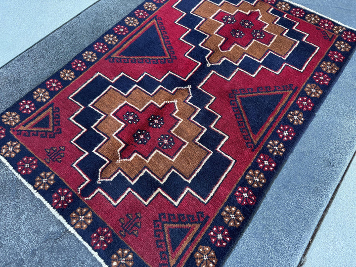3x4 (91x121) Handmade Vintage Afghan Baluch Rug | Blood Auburn Red Caramel Brown Midnight Navy Blue White Cream Gold | Wool Geometric