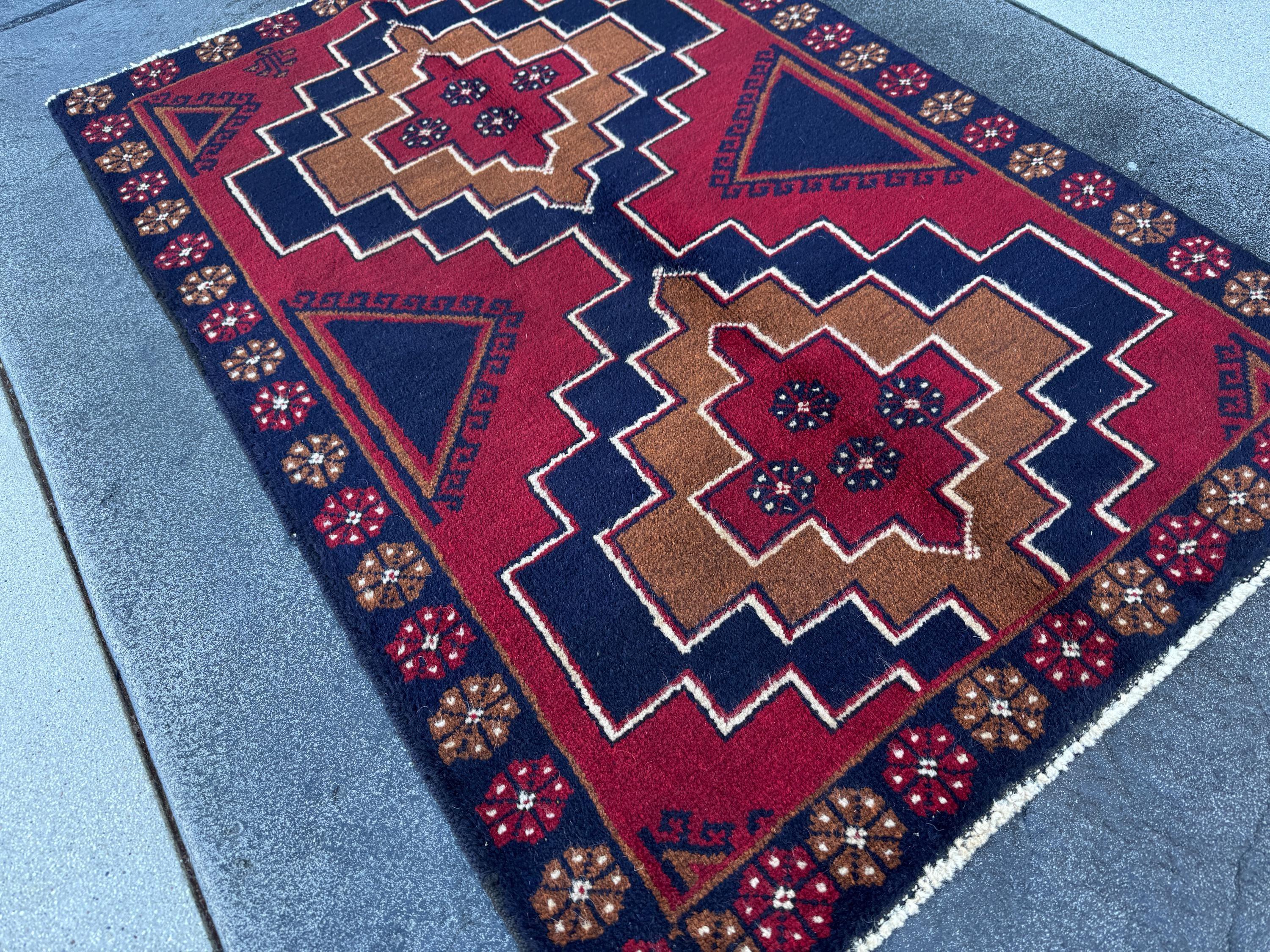 3x4 (91x121) Handmade Vintage Afghan Baluch Rug | Blood Auburn Red Caramel Brown Midnight Navy Blue White Cream Gold | Wool Geometric