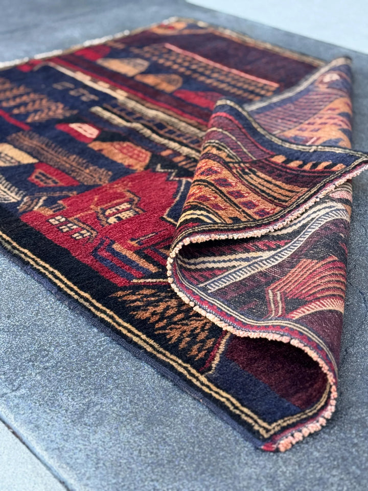 3x5 (91x152) Handmade Vintage Afghan Baluch Rug | Midnight Navy Blue Peach Orange Cream Burgundy Crimson Red Sand Caramel Brown | Wool