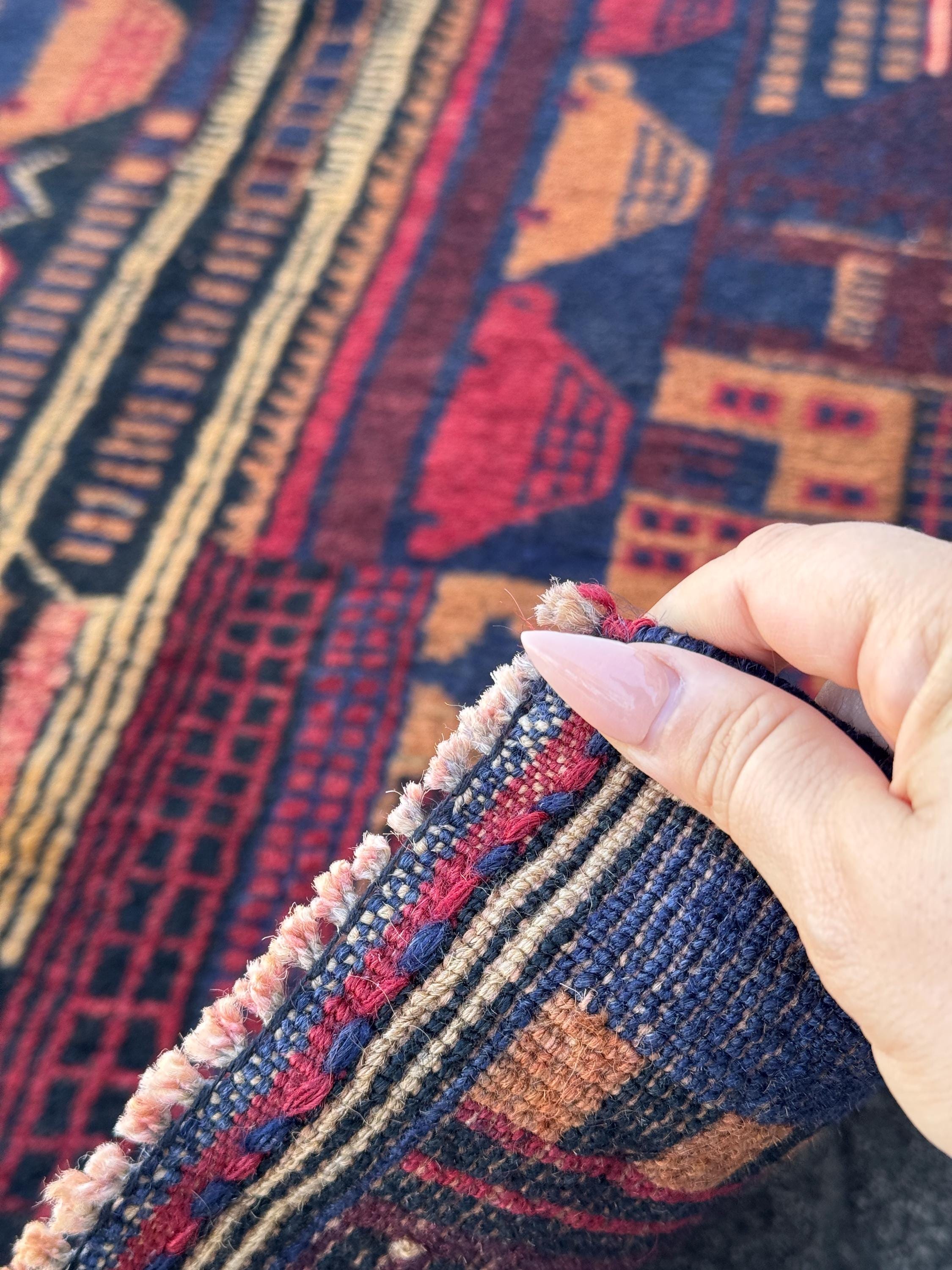 3x5 (91x152) Handmade Vintage Afghan Baluch Rug | Midnight Navy Blue Peach Orange Cream Burgundy Crimson Red Sand Caramel Brown | Wool