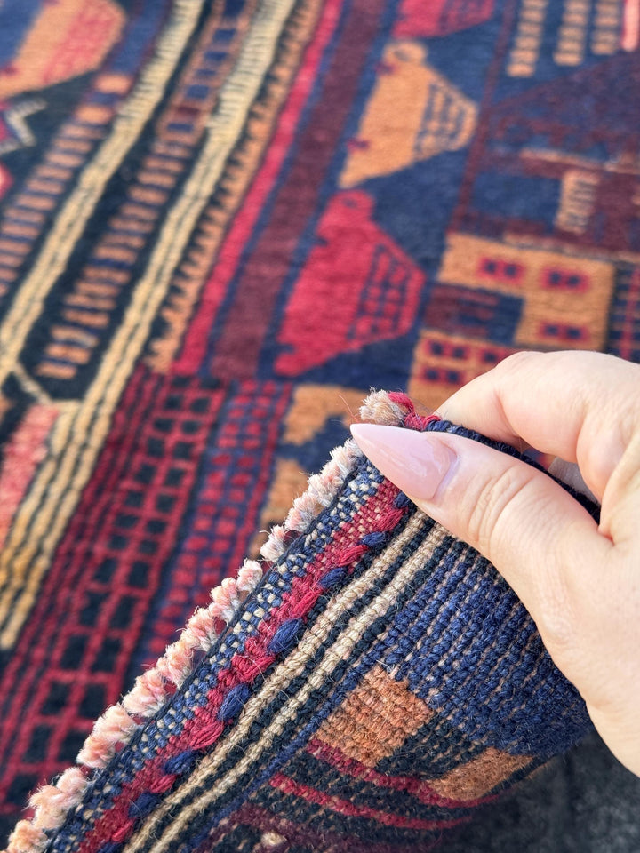 3x5 (91x152) Handmade Vintage Afghan Baluch Rug | Midnight Navy Blue Peach Orange Cream Burgundy Crimson Red Sand Caramel Brown | Wool