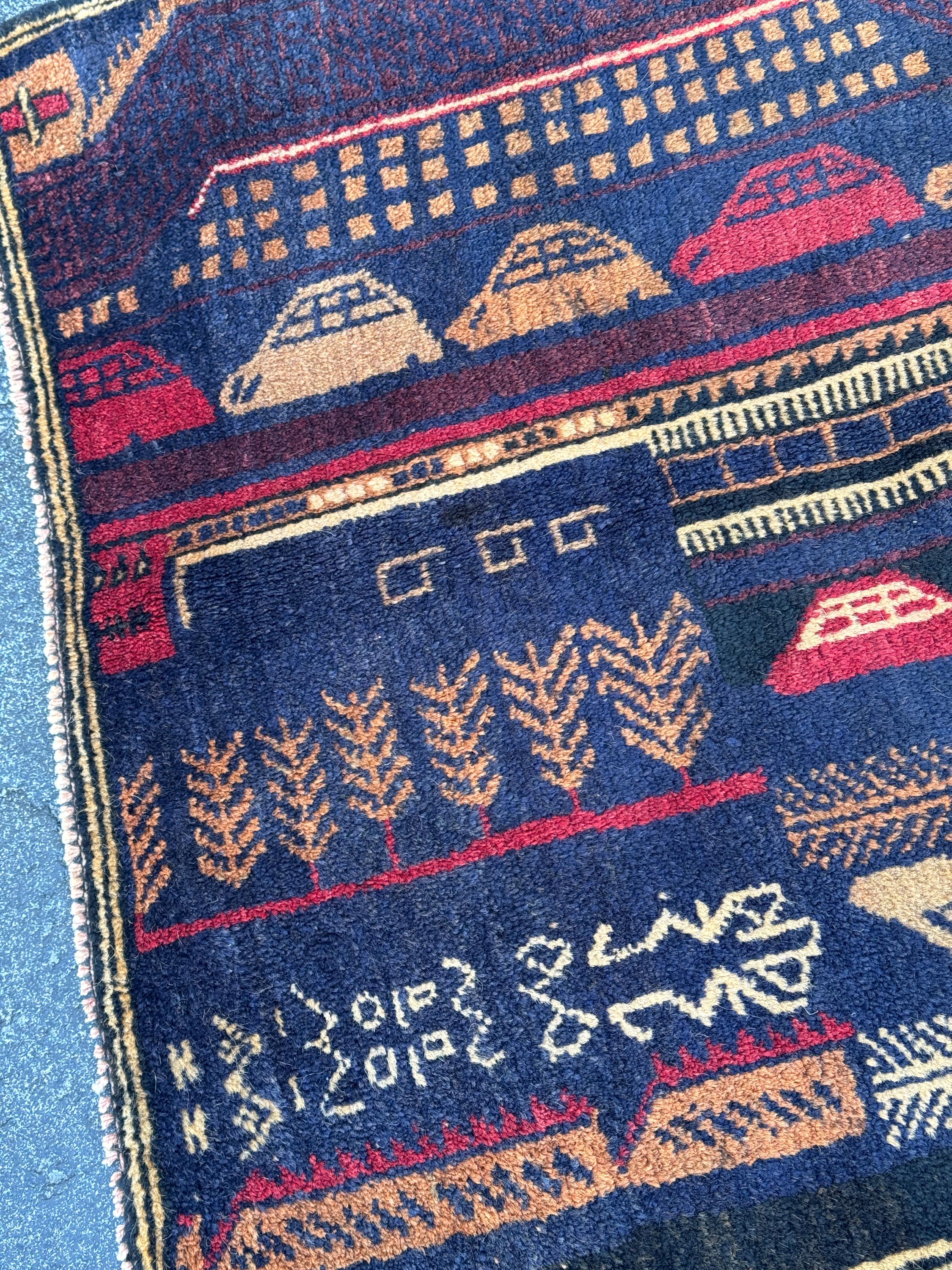 3x5 (91x152) Handmade Vintage Afghan Baluch Rug | Midnight Navy Blue Peach Orange Cream Burgundy Crimson Red Sand Caramel Brown | Wool