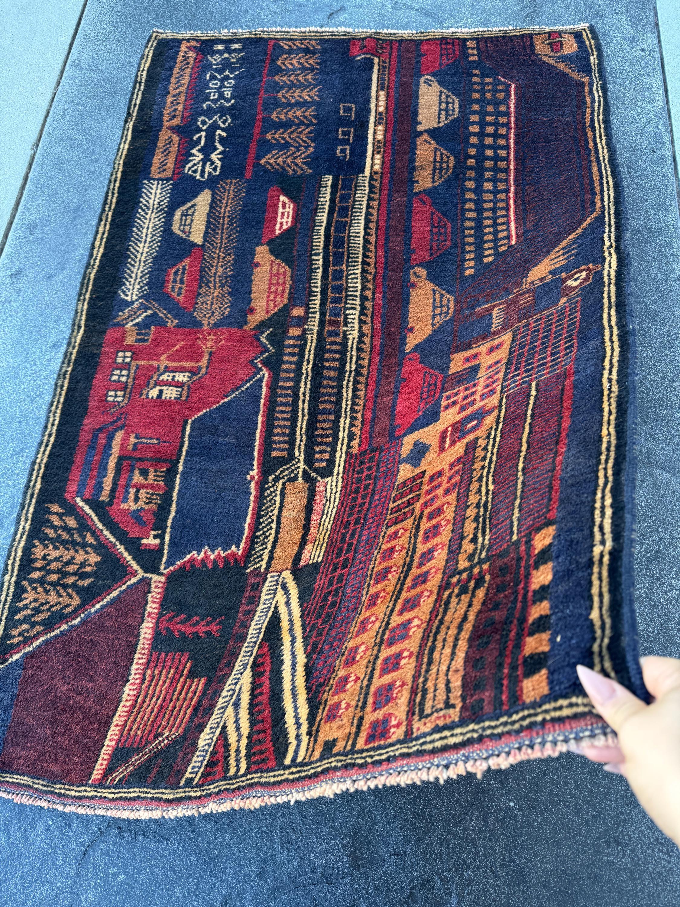 3x5 (91x152) Handmade Vintage Afghan Baluch Rug | Midnight Navy Blue Peach Orange Cream Burgundy Crimson Red Sand Caramel Brown | Wool