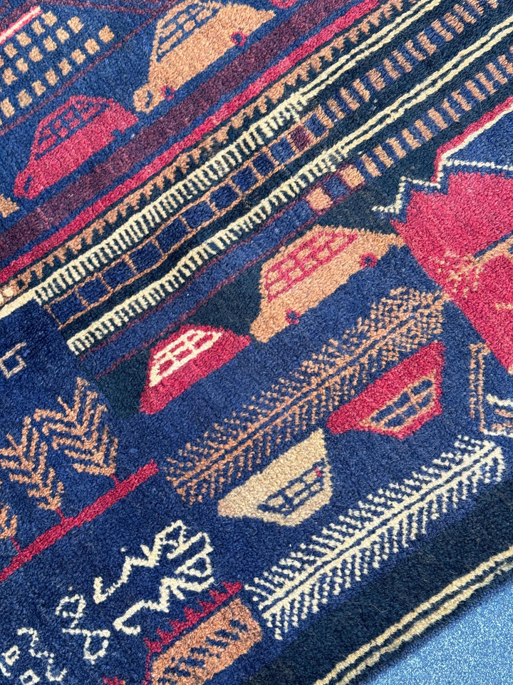 3x5 (91x152) Handmade Vintage Afghan Baluch Rug | Midnight Navy Blue Peach Orange Cream Burgundy Crimson Red Sand Caramel Brown | Wool