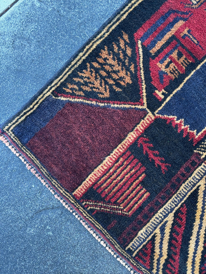 3x5 (91x152) Handmade Vintage Afghan Baluch Rug | Midnight Navy Blue Peach Orange Cream Burgundy Crimson Red Sand Caramel Brown | Wool