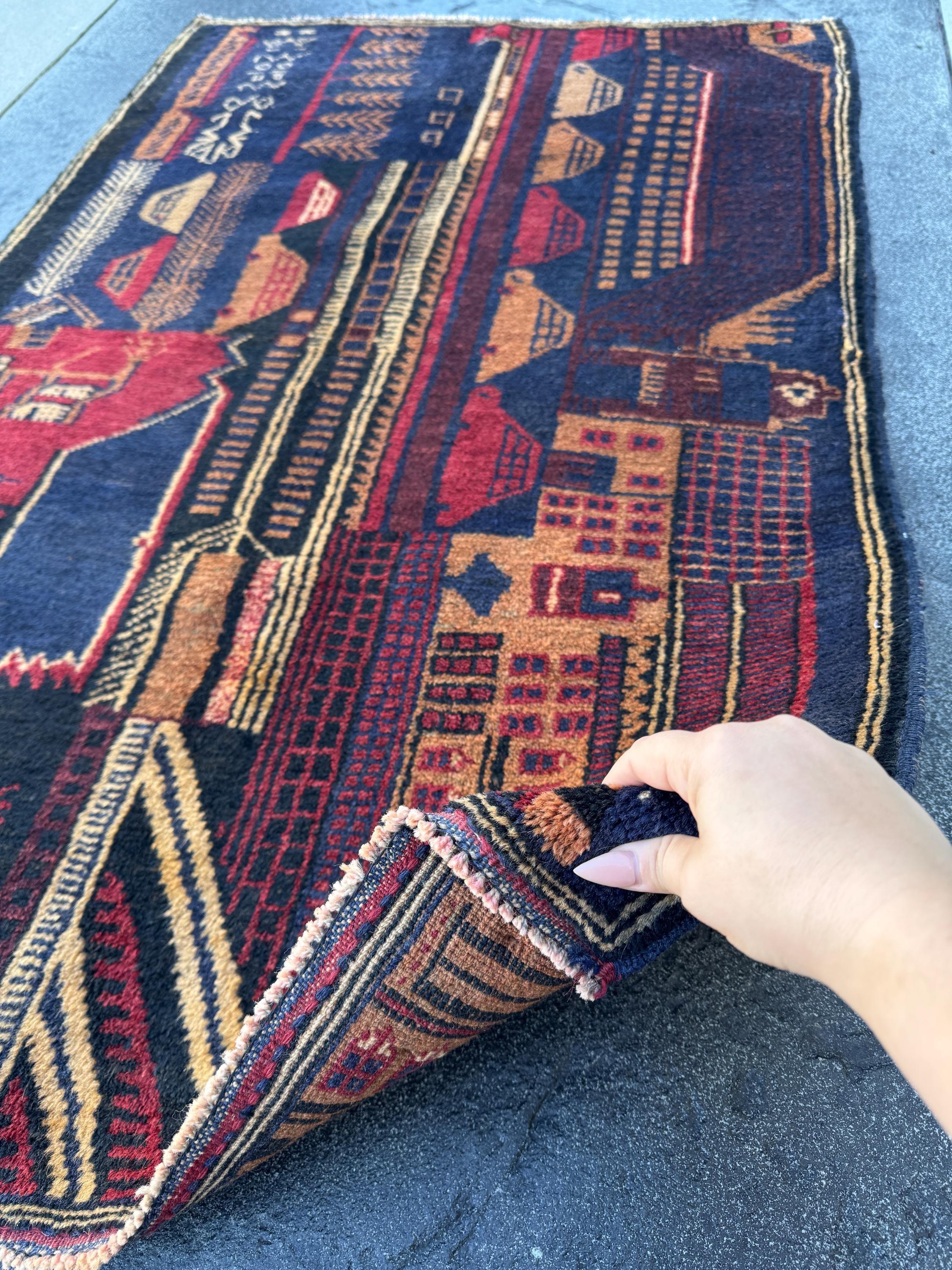 3x5 (91x152) Handmade Vintage Afghan Baluch Rug | Midnight Navy Blue Peach Orange Cream Burgundy Crimson Red Sand Caramel Brown | Wool