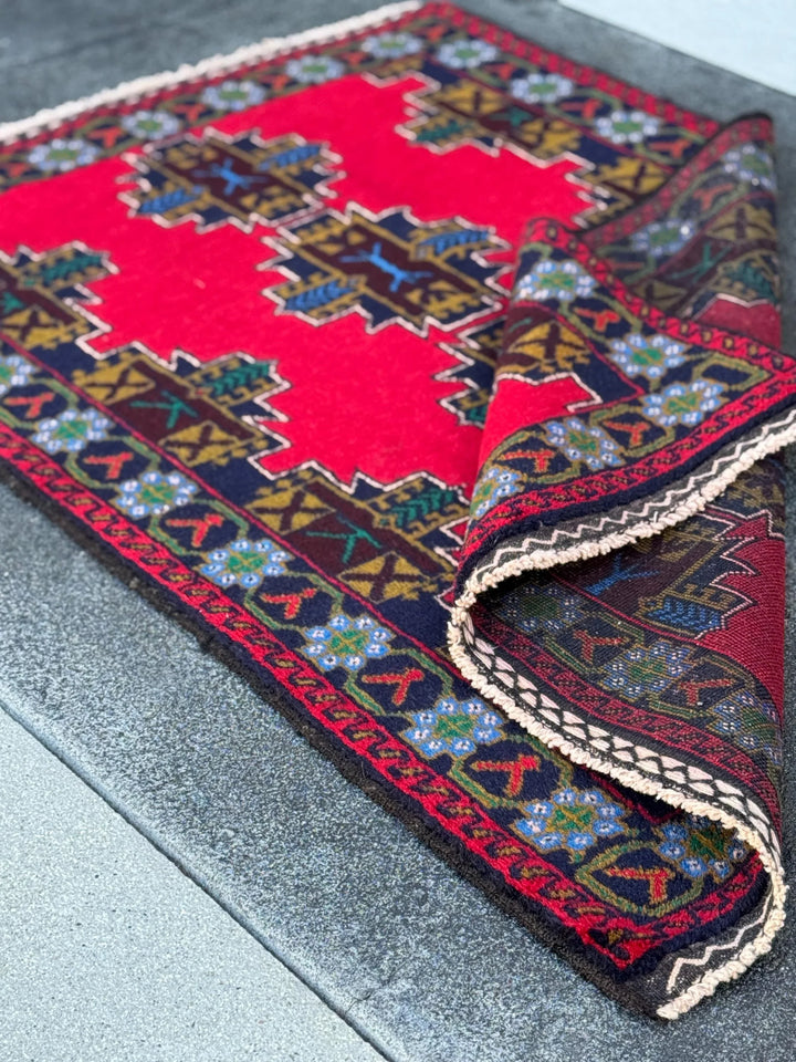 3x5 (91x152) Handmade Vintage Afghan Baluch Rug | Crimson Wine Red Mustard Olive Pine Green Teal Denim Midnight Blue White Cream | Wool