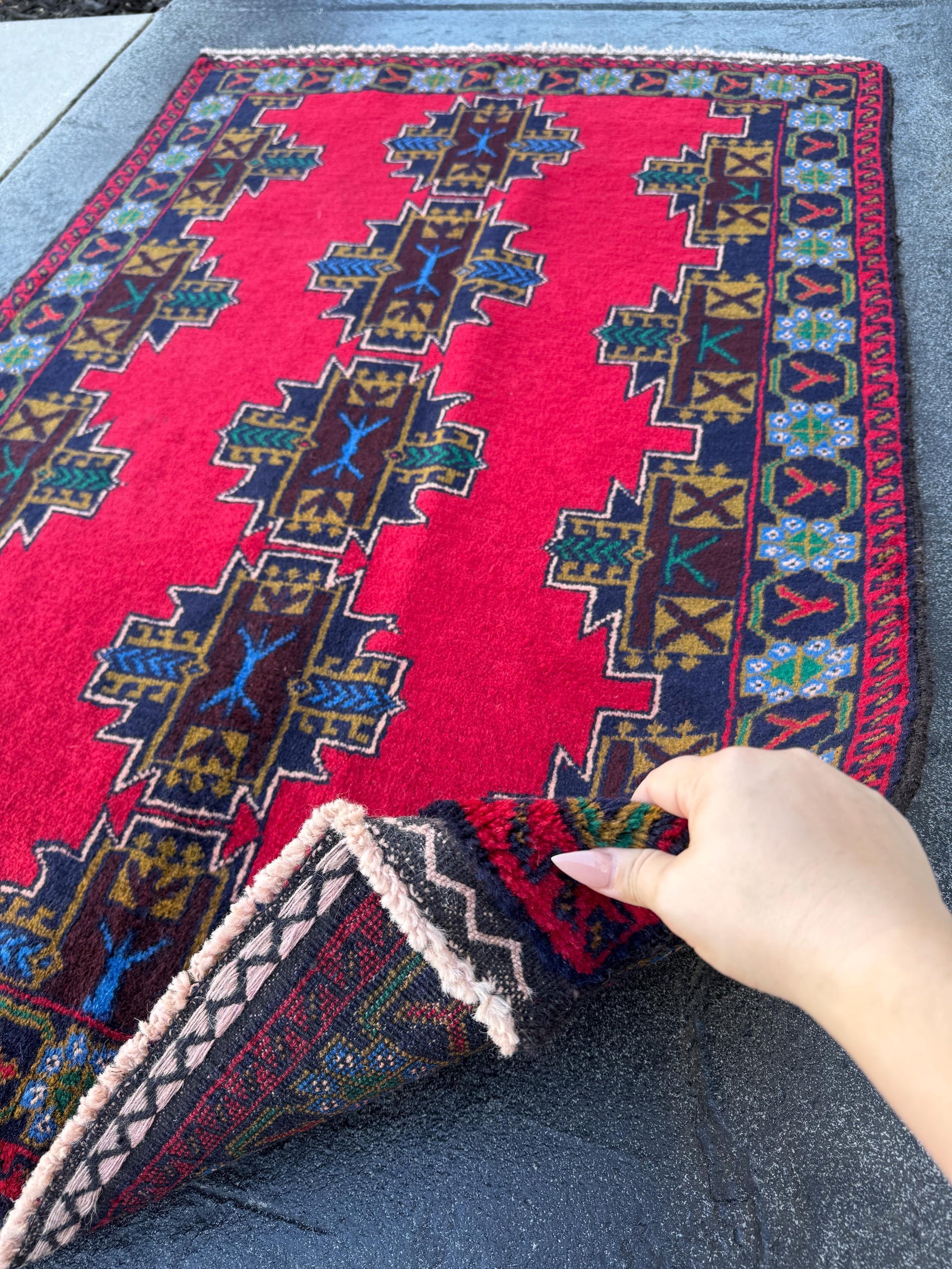 3x5 (91x152) Handmade Vintage Afghan Baluch Rug | Crimson Wine Red Mustard Olive Pine Green Teal Denim Midnight Blue White Cream | Wool