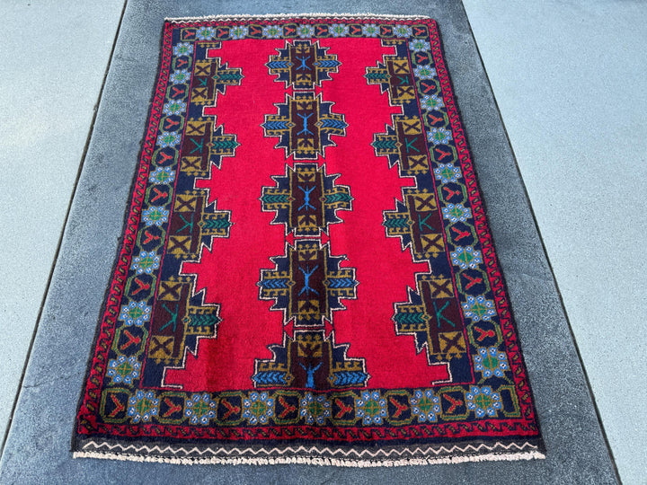 3x5 (91x152) Handmade Vintage Afghan Baluch Rug | Crimson Wine Red Mustard Olive Pine Green Teal Denim Midnight Blue White Cream | Wool