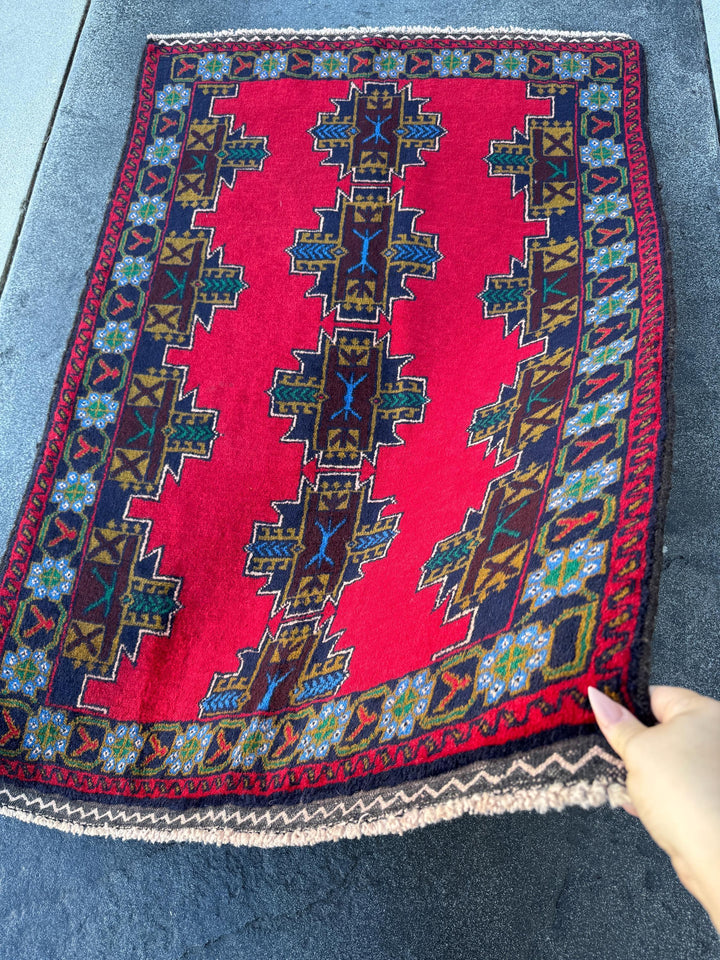 3x5 (91x152) Handmade Vintage Afghan Baluch Rug | Crimson Wine Red Mustard Olive Pine Green Teal Denim Midnight Blue White Cream | Wool