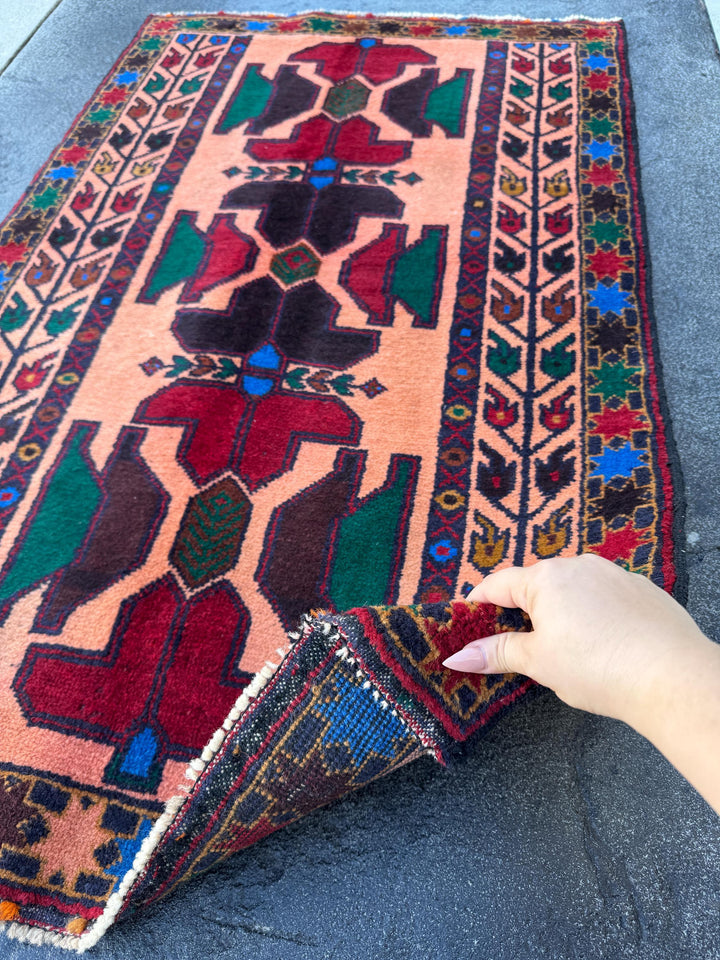 3x5 (91x152) Handmade Vintage Afghan Baluch Rug Coral Pink Orange Blood Red Forest Green Eggplant Purple Royal Blue Mustard Gold Black Brown