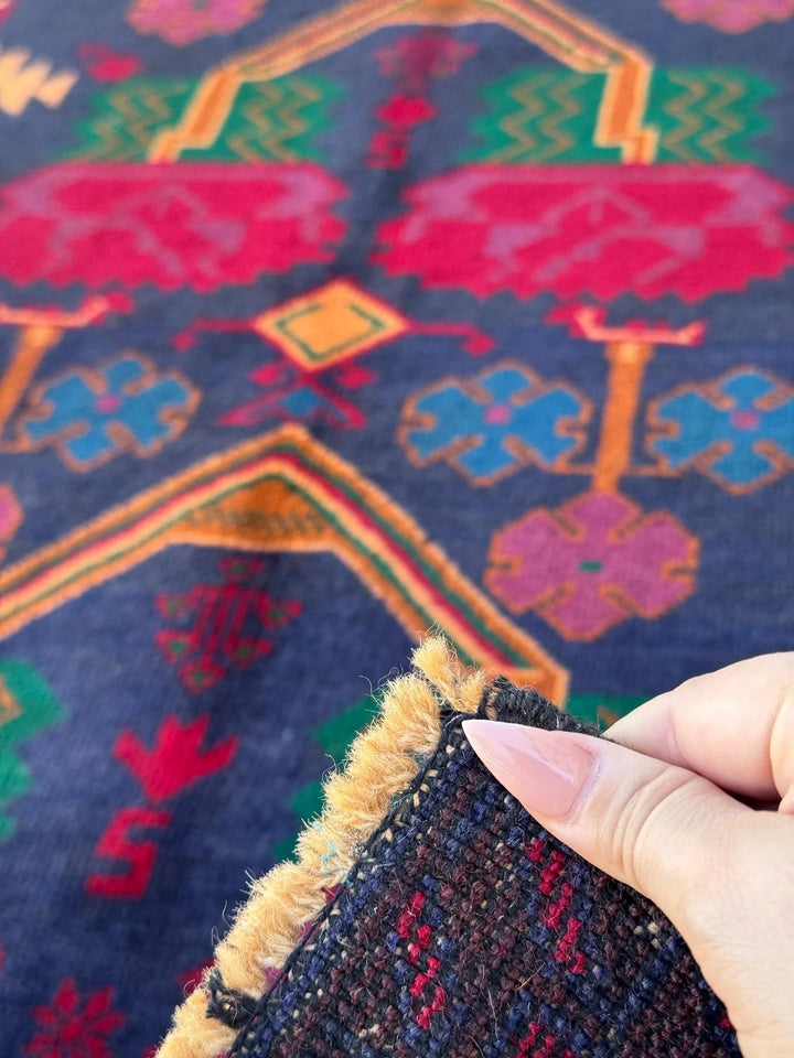 3x4-5 (91x152) Handmade Vintage Afghan Baluch Rug | Midnight Navy Denim Blue Burnt Orange Mustard Yellow Crimson Blood Red White Cream Black