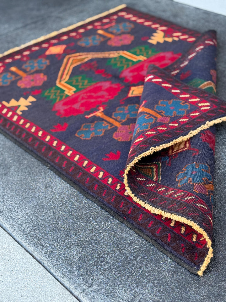 3x4-5 (91x152) Handmade Vintage Afghan Baluch Rug | Midnight Navy Denim Blue Burnt Orange Mustard Yellow Crimson Blood Red White Cream Black