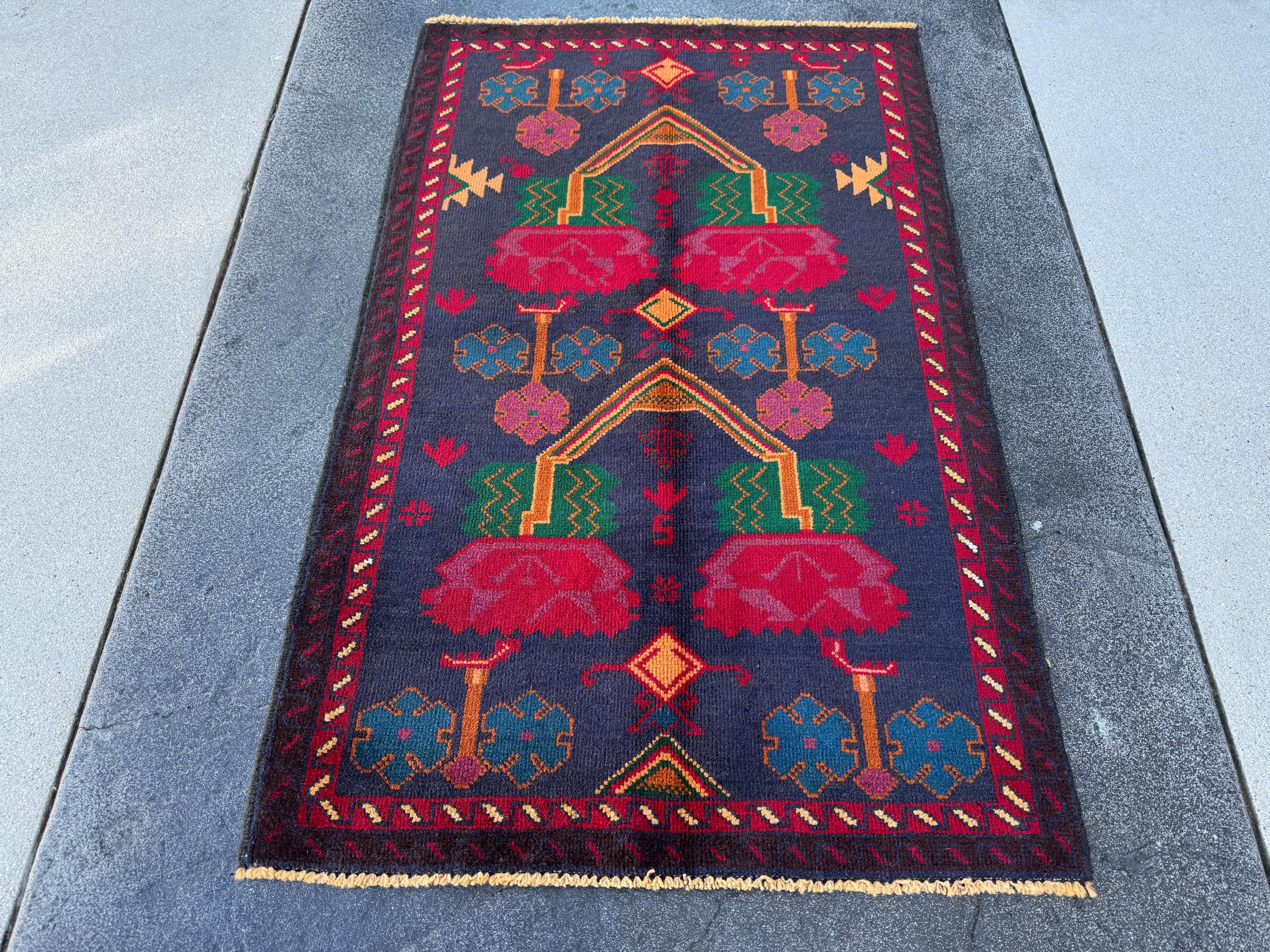 3x4-5 (91x152) Handmade Vintage Afghan Baluch Rug | Midnight Navy Denim Blue Burnt Orange Mustard Yellow Crimson Blood Red White Cream Black