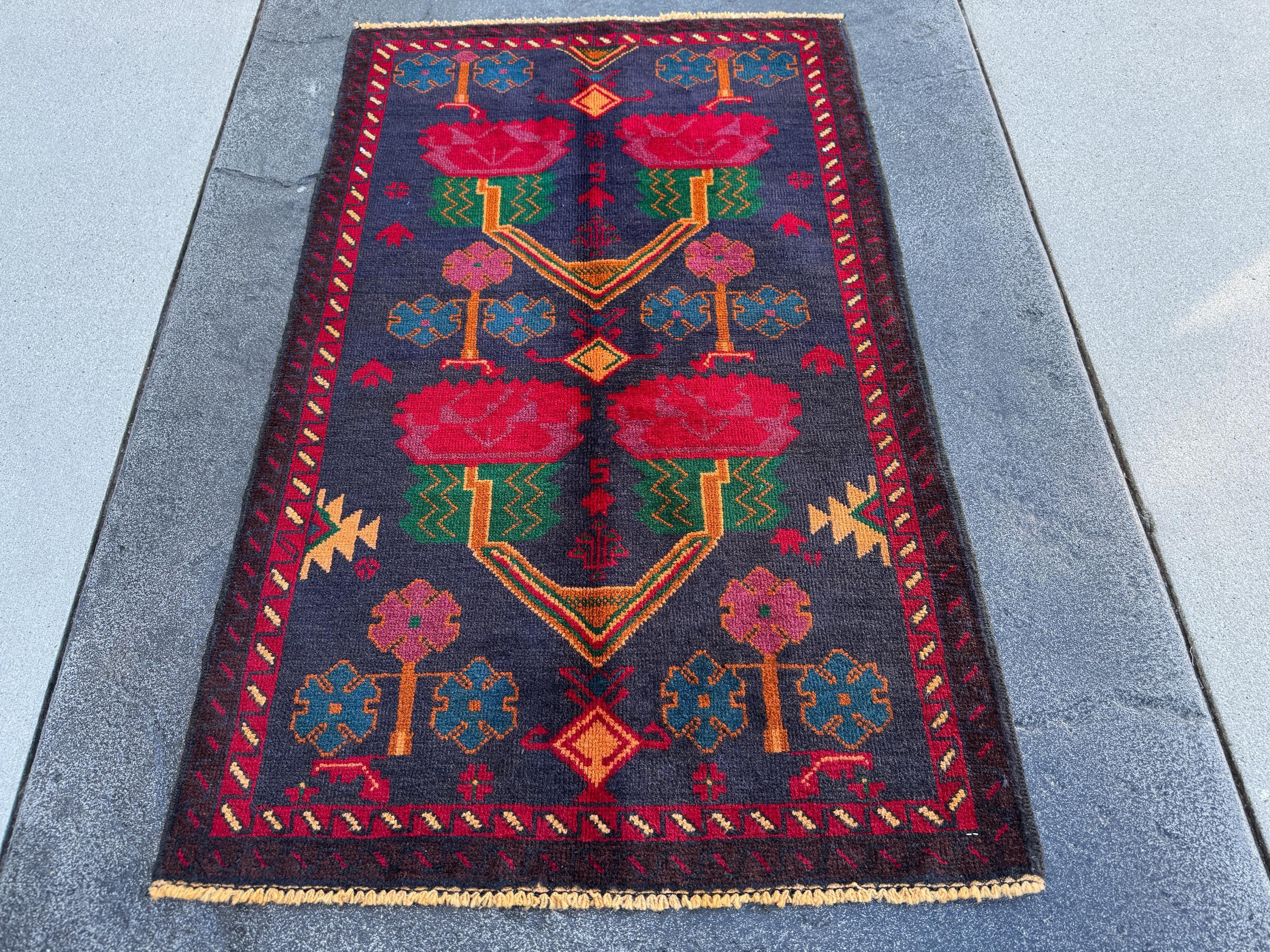 3x4-5 (91x152) Handmade Vintage Afghan Baluch Rug | Midnight Navy Denim Blue Burnt Orange Mustard Yellow Crimson Blood Red White Cream Black