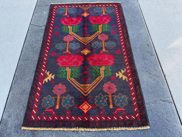 3x4-5 (91x152) Handmade Vintage Afghan Baluch Rug | Midnight Navy Denim Blue Burnt Orange Mustard Yellow Crimson Blood Red White Cream Black