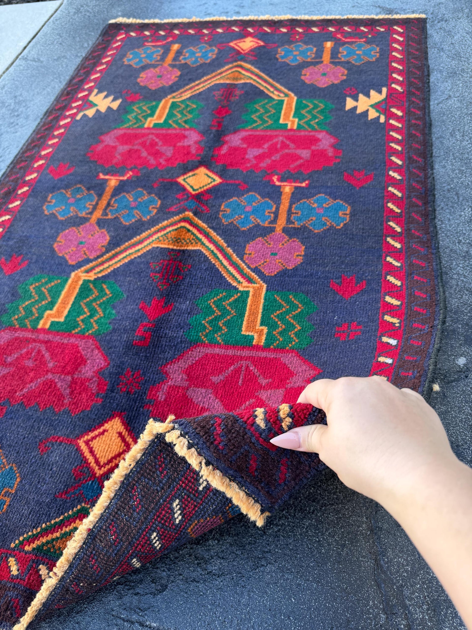3x4-5 (91x152) Handmade Vintage Afghan Baluch Rug | Midnight Navy Denim Blue Burnt Orange Mustard Yellow Crimson Blood Red White Cream Black