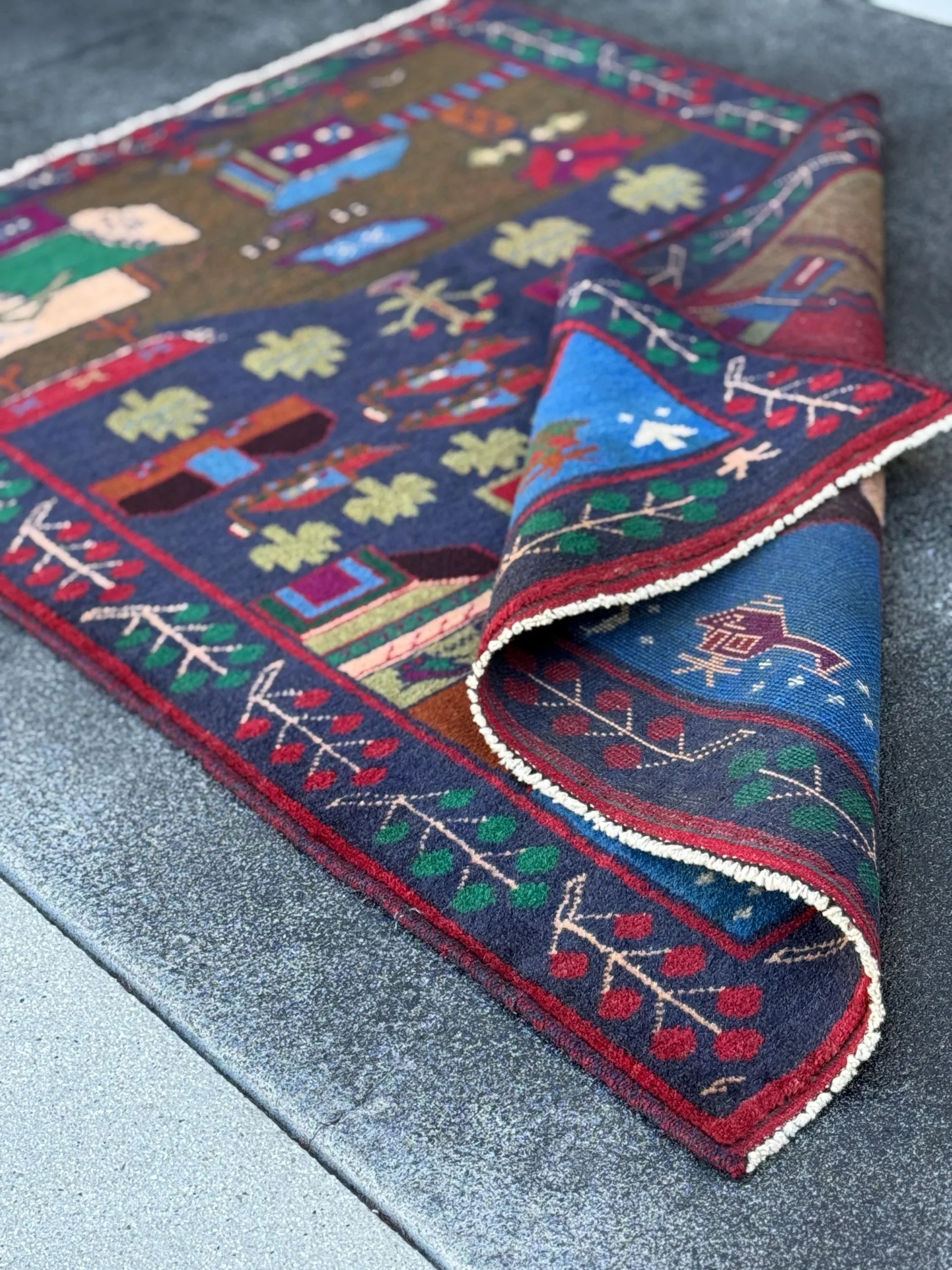 3x4-5 (91x152) Handmade Vintage Afghan Baluch Rug Navy Midnight Royal Blue Crimson Red Caramel Chocolate Brown Plum Moss Forest Green Cream