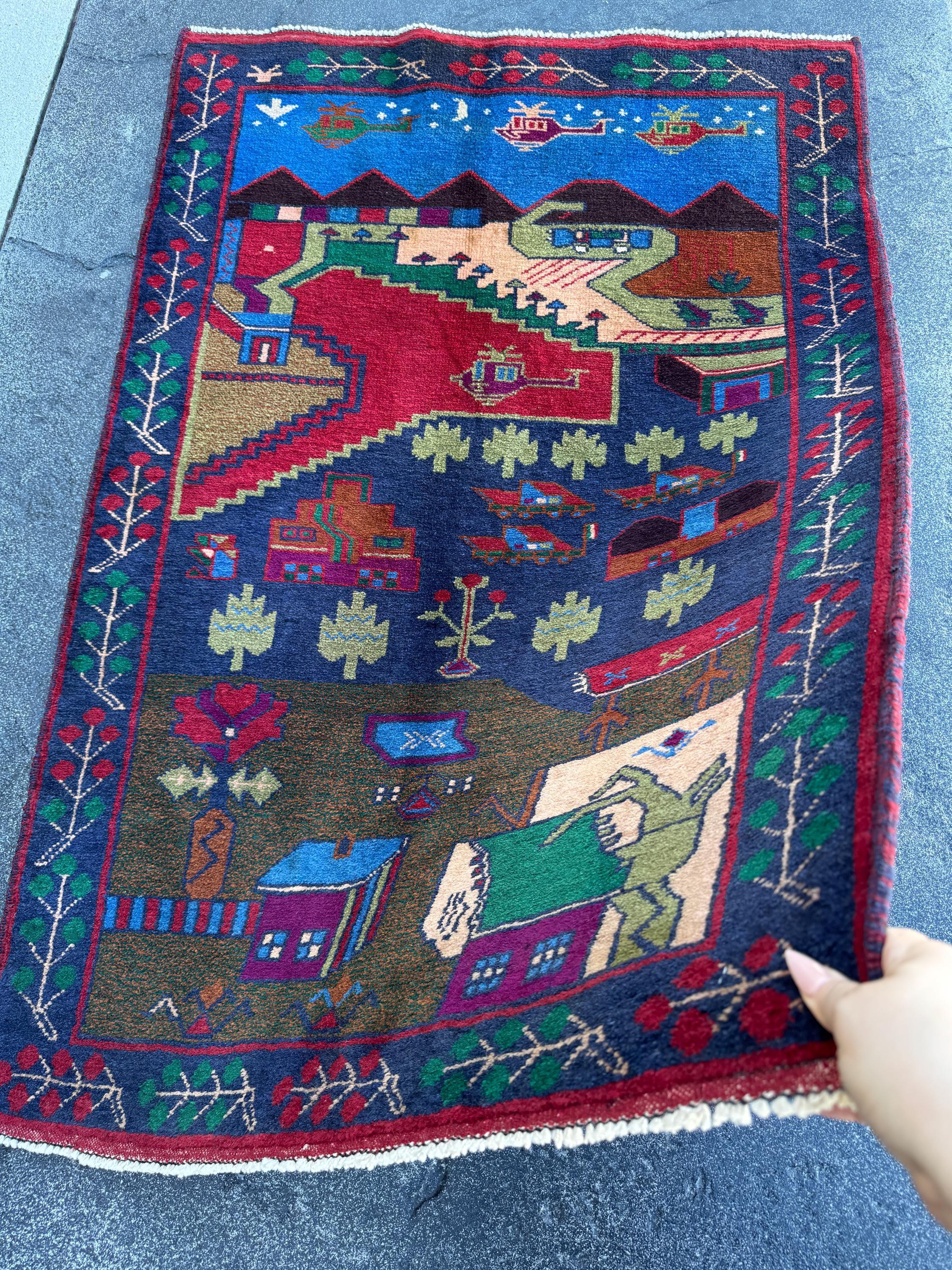 3x4-5 (91x152) Handmade Vintage Afghan Baluch Rug Navy Midnight Royal Blue Crimson Red Caramel Chocolate Brown Plum Moss Forest Green Cream