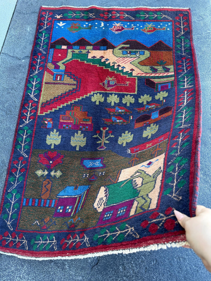 3x4-5 (91x152) Handmade Vintage Afghan Baluch Rug Navy Midnight Royal Blue Crimson Red Caramel Chocolate Brown Plum Moss Forest Green Cream
