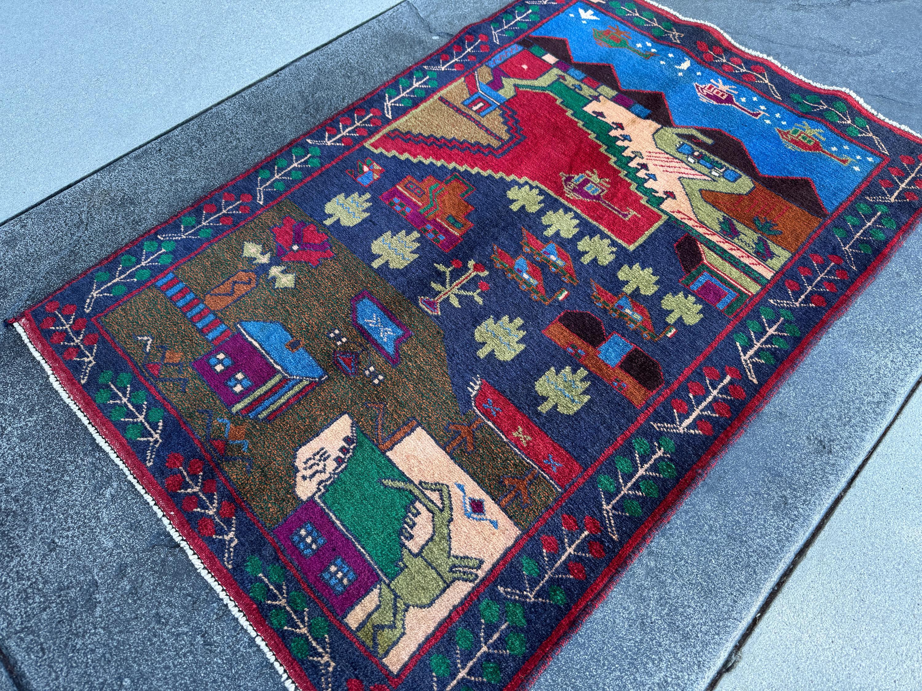 3x4-5 (91x152) Handmade Vintage Afghan Baluch Rug Navy Midnight Royal Blue Crimson Red Caramel Chocolate Brown Plum Moss Forest Green Cream