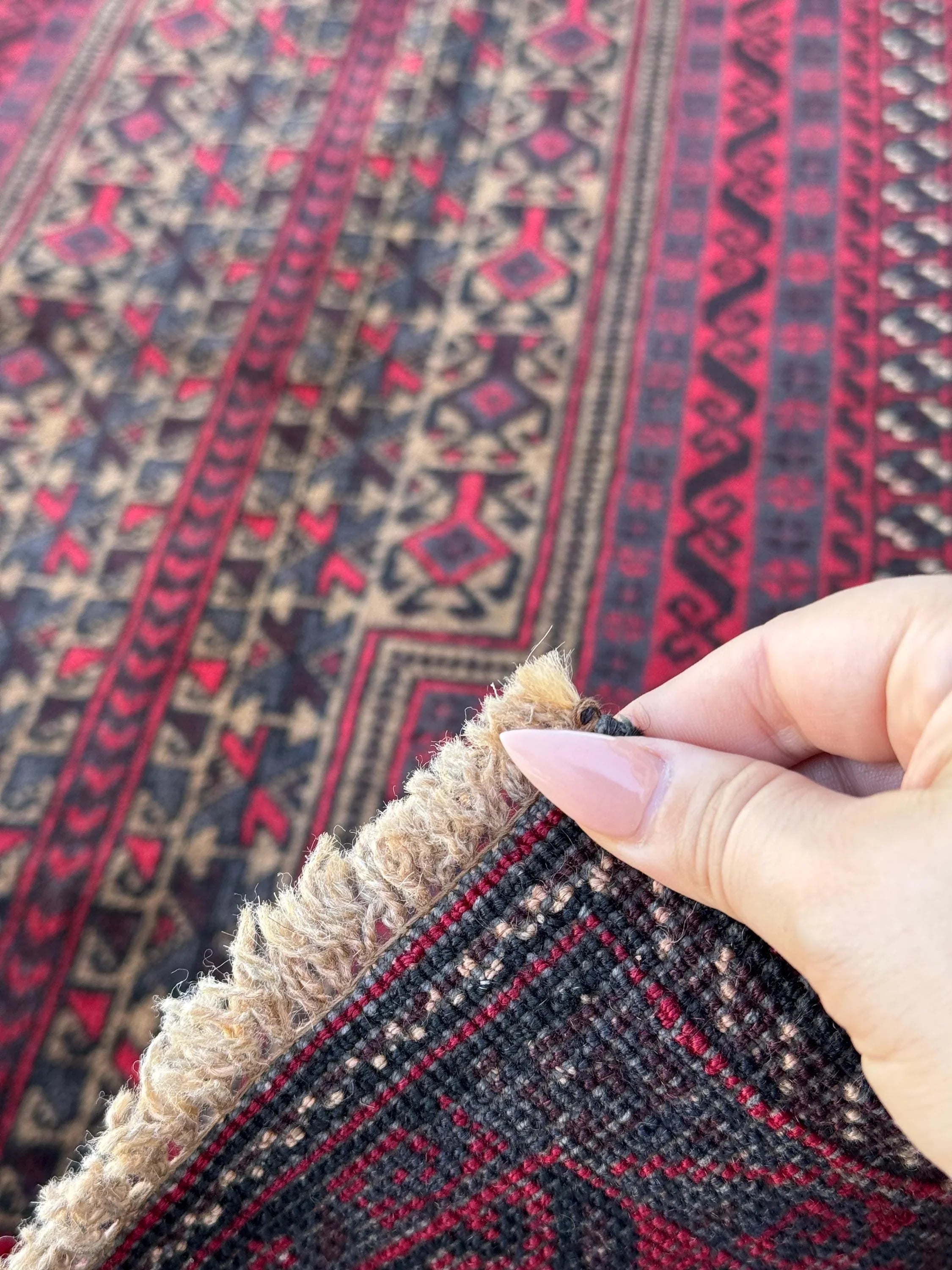 3x5 (91x152) Handmade Vintage Afghan Baluch Rug | Crimson Blood Red Black Grey Cream Beige Taupe Tan White | Wool Geometric Traditional