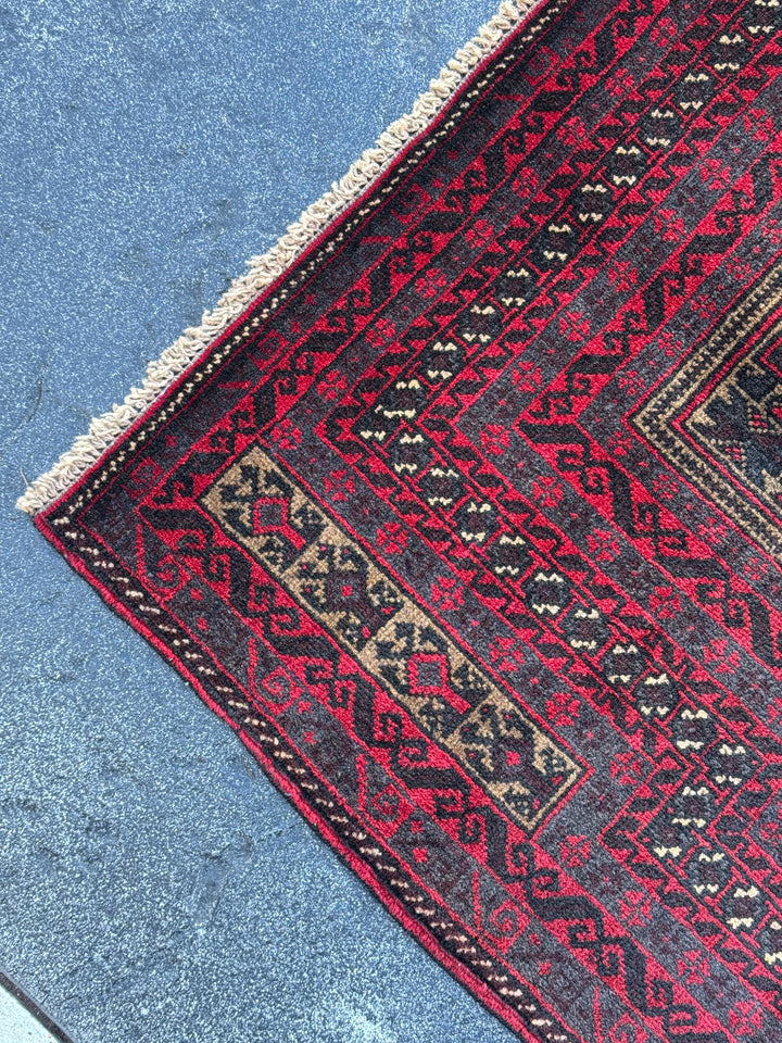 3x5 (91x152) Handmade Vintage Afghan Baluch Rug | Crimson Blood Red Black Grey Cream Beige Taupe Tan White | Wool Geometric Traditional