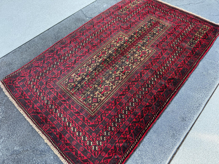 3x5 (91x152) Handmade Vintage Afghan Baluch Rug | Crimson Blood Red Black Grey Cream Beige Taupe Tan White | Wool Geometric Traditional