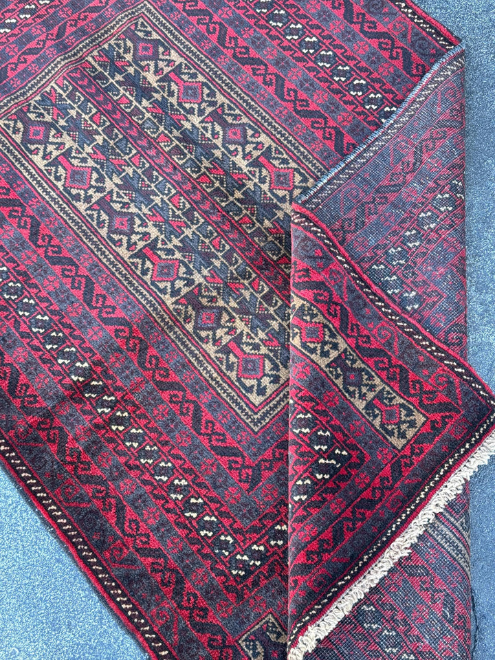 3x5 (91x152) Handmade Vintage Afghan Baluch Rug | Crimson Blood Red Black Grey Cream Beige Taupe Tan White | Wool Geometric Traditional