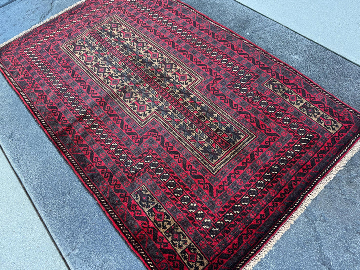 3x5 (91x152) Handmade Vintage Afghan Baluch Rug | Crimson Blood Red Black Grey Cream Beige Taupe Tan White | Wool Geometric Traditional