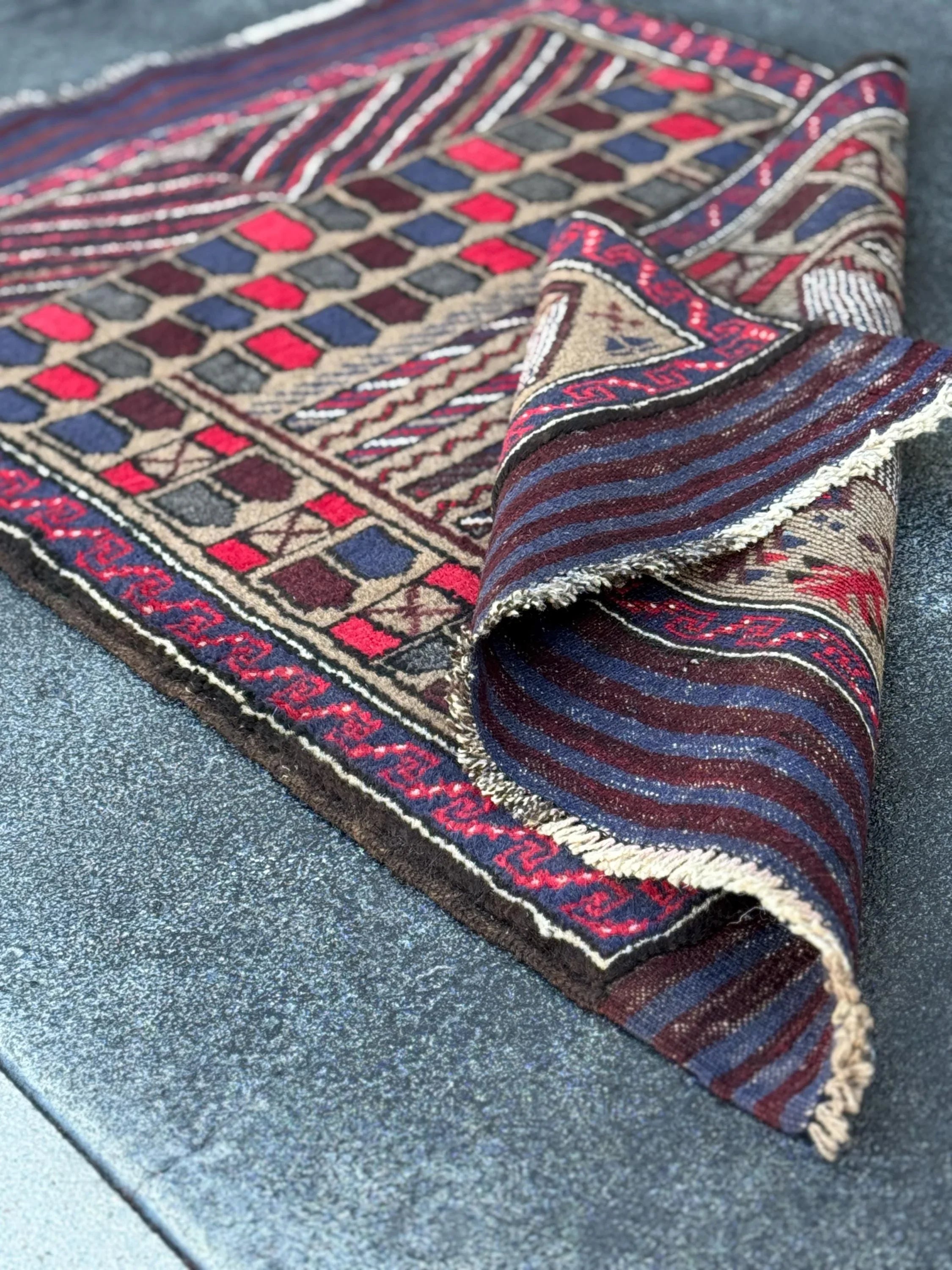 3x4-5 (91x152) Handmade Vintage Afghan Baluch Rug | Crimson Scarlet Wine Red White Ivory Beige Taupe Tan Navy Blue Black | Wool Traditional